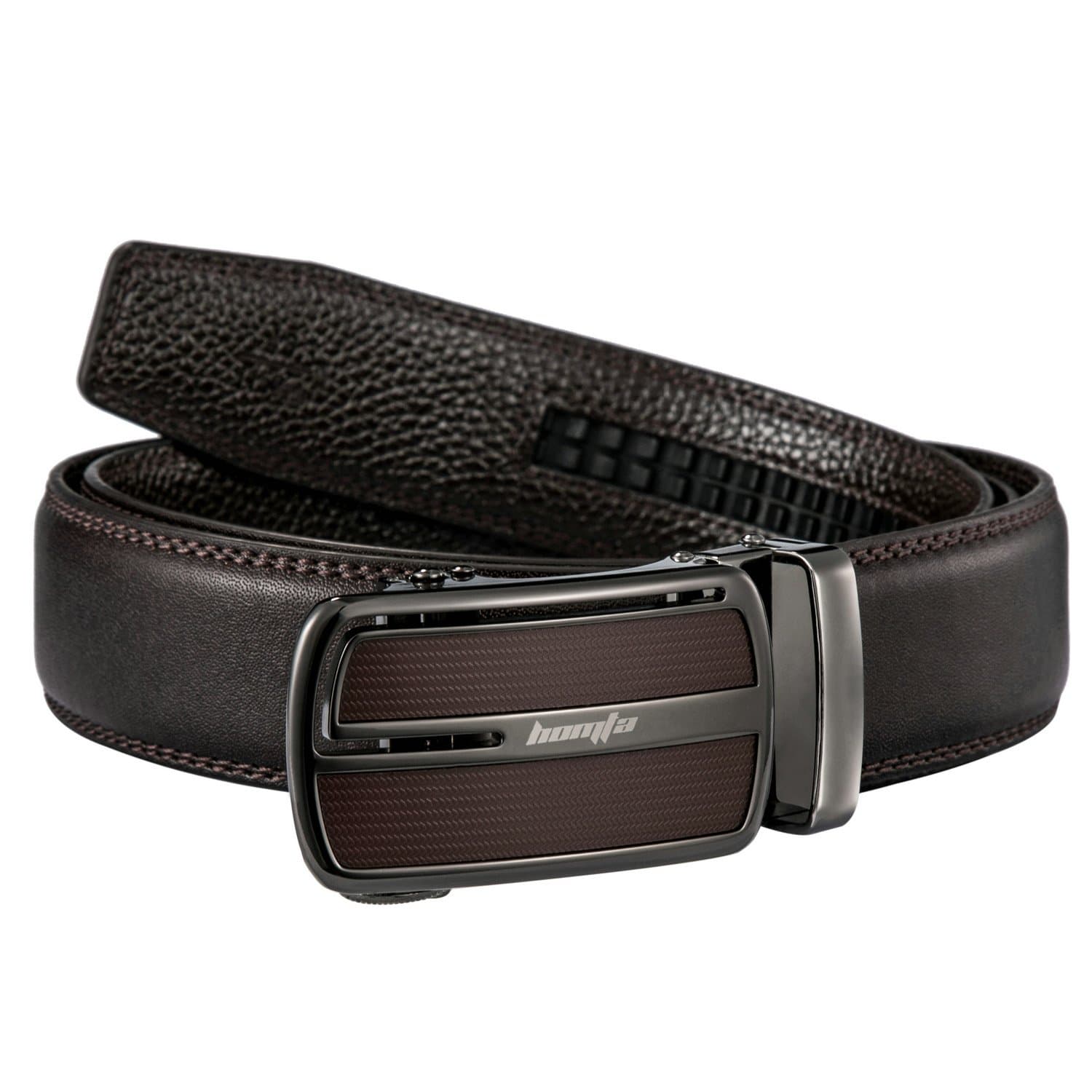 Leather Belts for Men with Automatic Buckle Ratchet Slide Holeless Brown Long 52