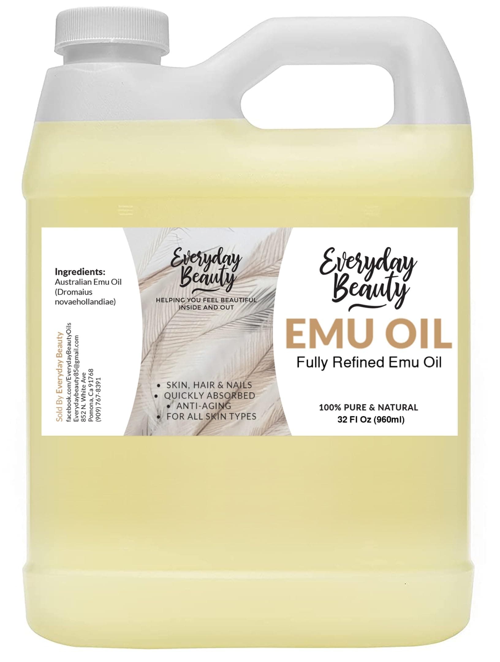 Pure Australian Emu Oil Bulk 32 Fl Oz - All Natural 6X Refined for Face, Skin and Hair - Highly Effective Hydration for Sensitive Skin and Hair Growth - Perfect for Scars and Blemishes