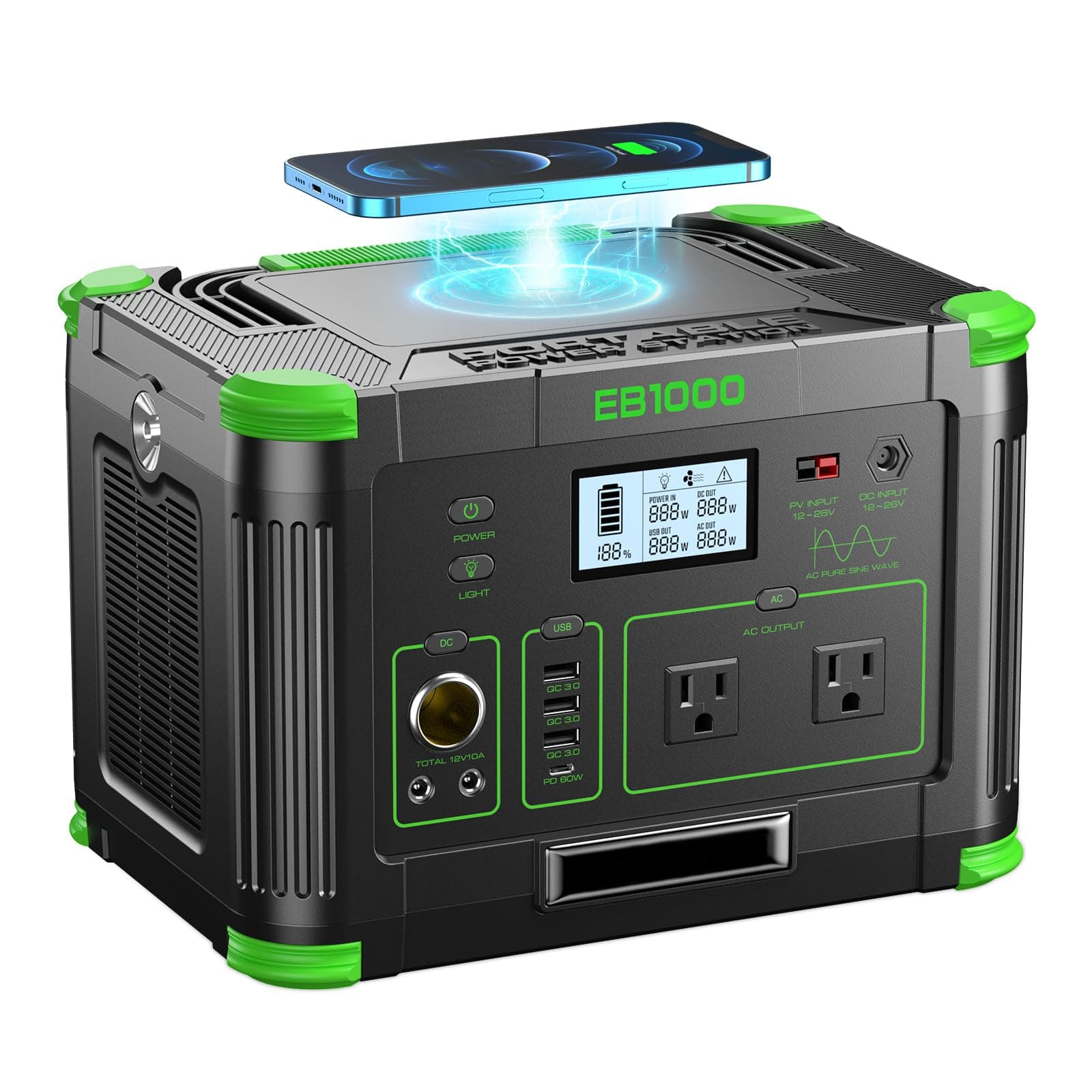 - Portable Power Station 1000W, 999Wh Solar Powered Generator with 110V AC Outlet, PD 60W Fast Charging Backup Lithium Battery Pack Power Supply for Outdoor Home Camping Travel Emergency RV Van