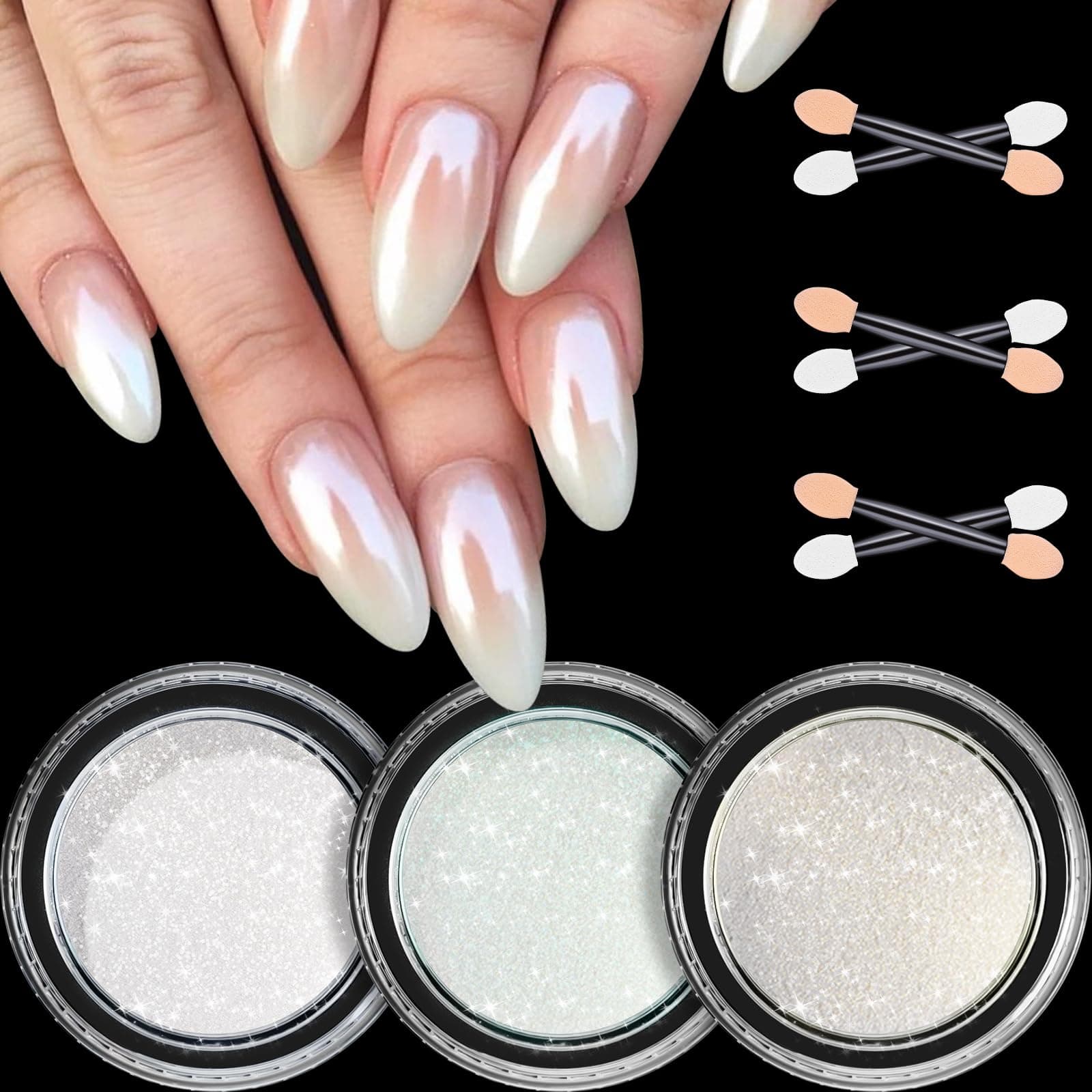 Glassy Pearl Chrome Nail Powder - 3 Boxes Aurora Ice Transparent White Chrome Powder for Nails Glazed Donut Pearlescent Magic Nail Powder Mirror Effect Pigment Glitter