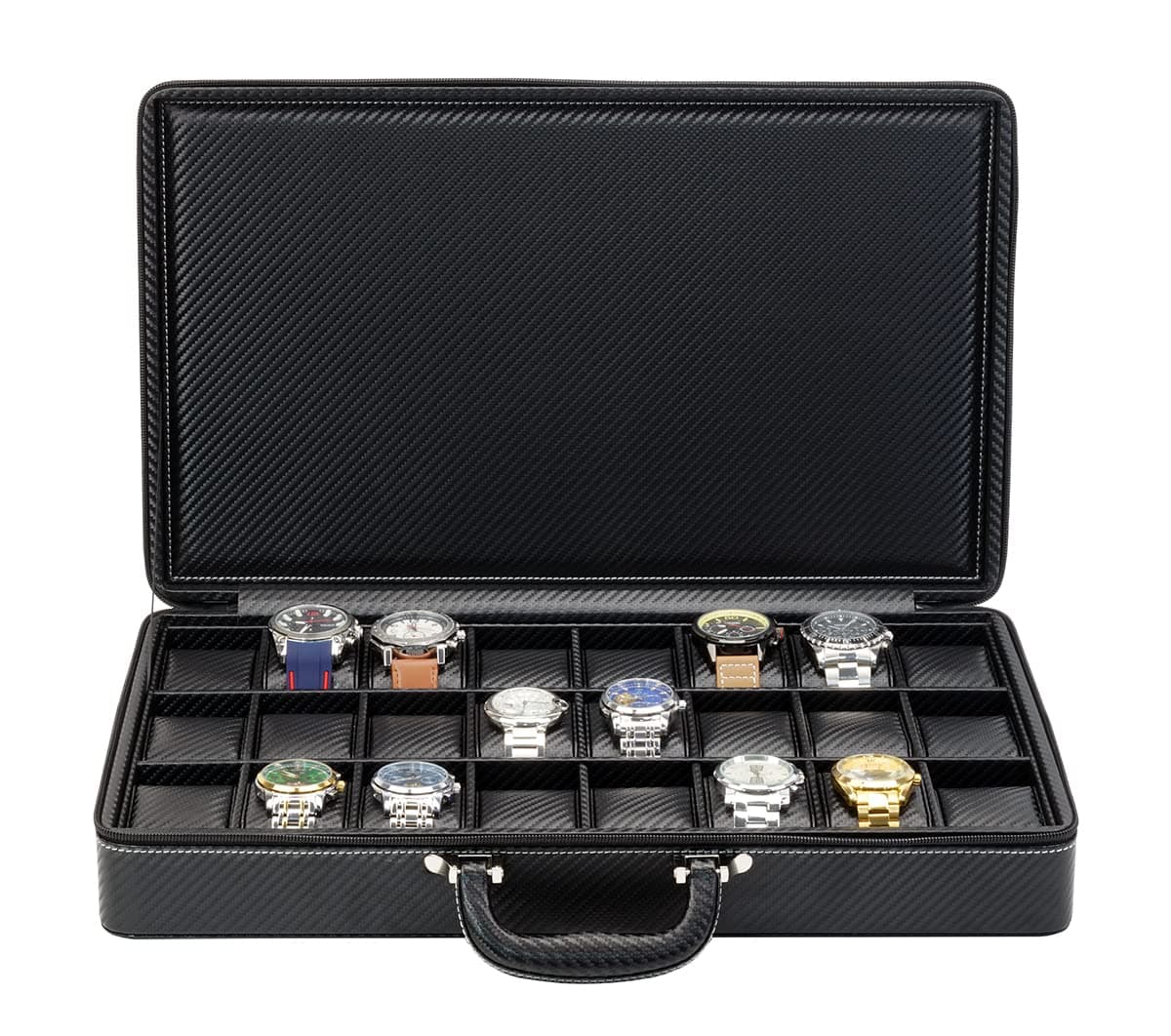 TIMELYBUYS24 Slot Watch Briefcase Black Carbon Fiber Zippered Travel Storage Case