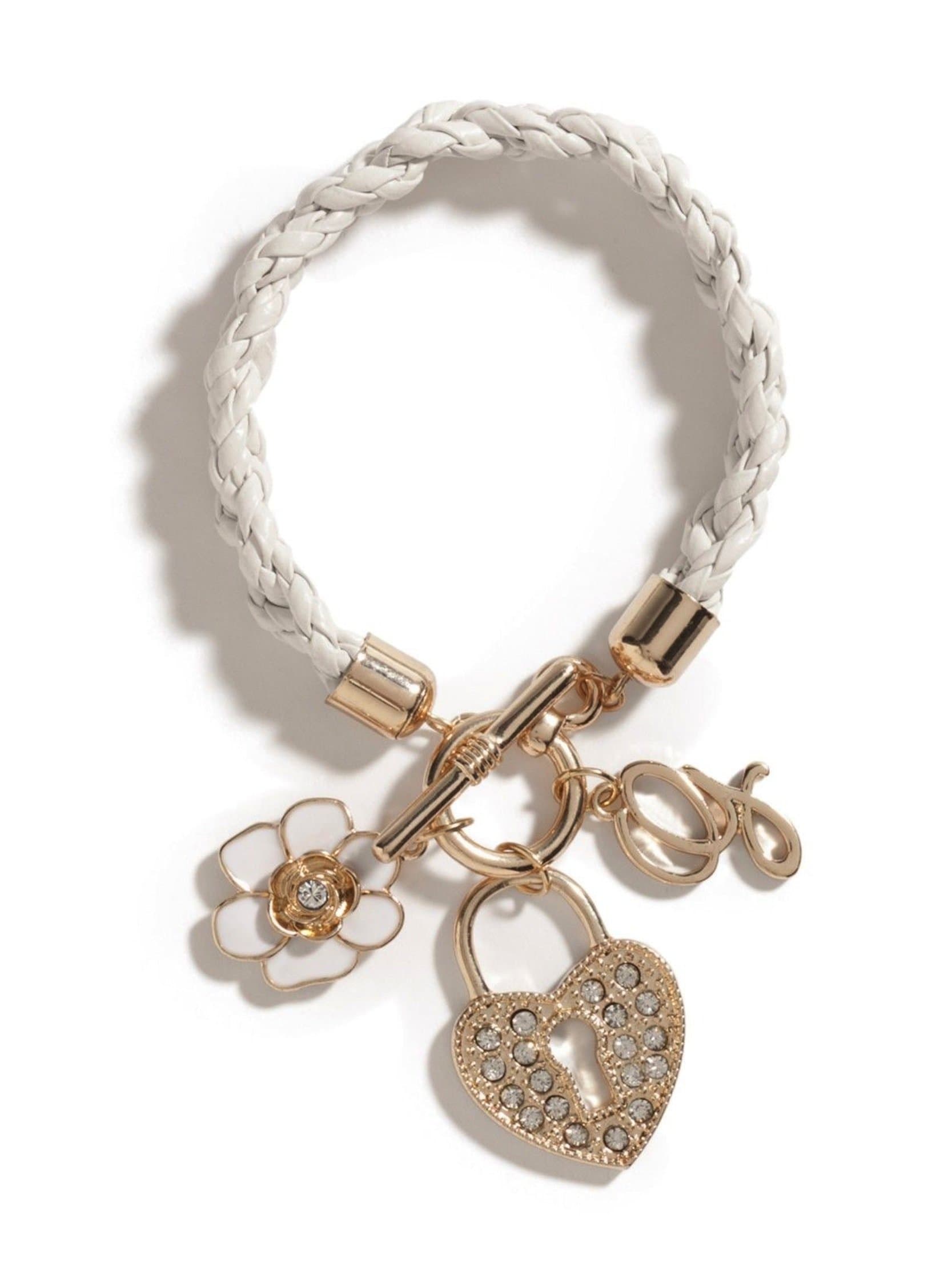 GUESS Gold-Tone with white Woven Toggle Bracelet with heart charm