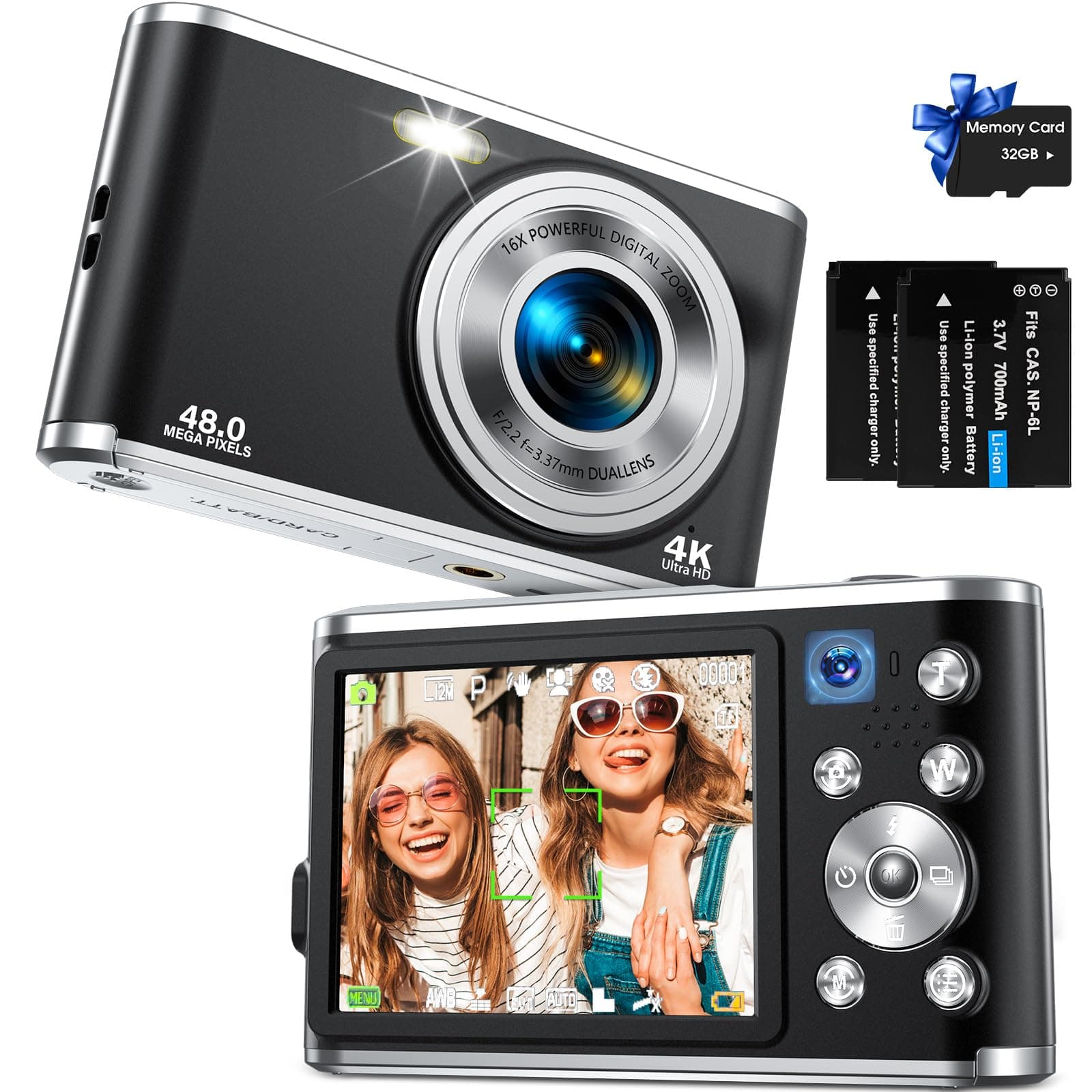 Digital Camera, Auto Focus FHD 4K Vlogging Camera with Dual Camera 48MP 16X Digital Zoom Kids Compact Camera with 32GB Memory Card Portable Point and Shoot Cameras for Teens Beginner Adult,Black