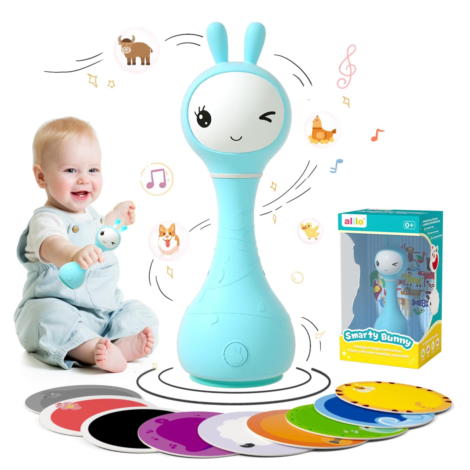 alilo Smarty Bunny Rattle Baby Toys Multi-Sensory Musical Montessori Toys,0-3-6-12-18-24 Months 1 Year Old boy/Girl Gifts, 4 Different Modes and Color Recognition Function