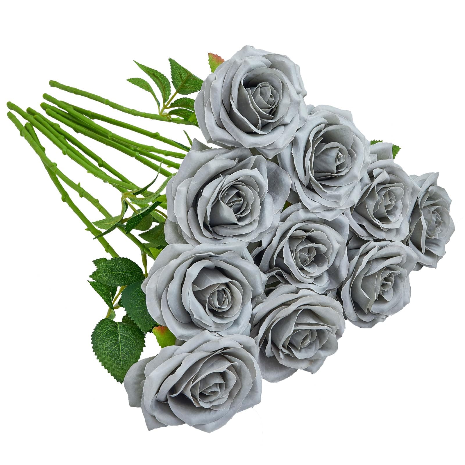 Artificial Rose 10pcs Open Flower Bouquet Faux Rose Stems for Wedding Arrangement, Bridal Bouquet, Centerpiece, Fake Faux Silk Flowers (Grey)