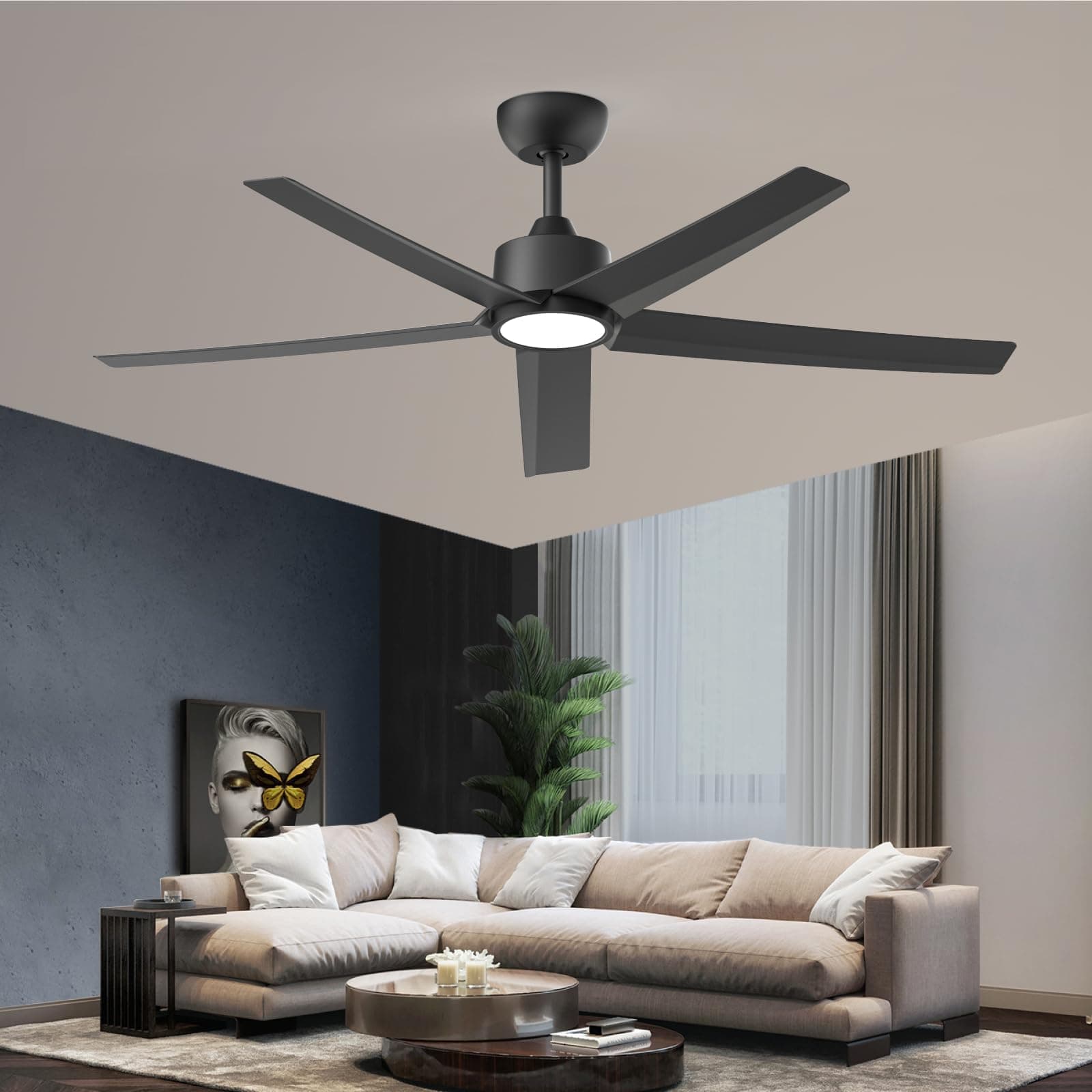 ocioc - Ceiling fans with lights, 52 inch black ceiling fan with light and remote control, 3CCT, silent DC motor, modern 5-blade ceiling fan for living room,