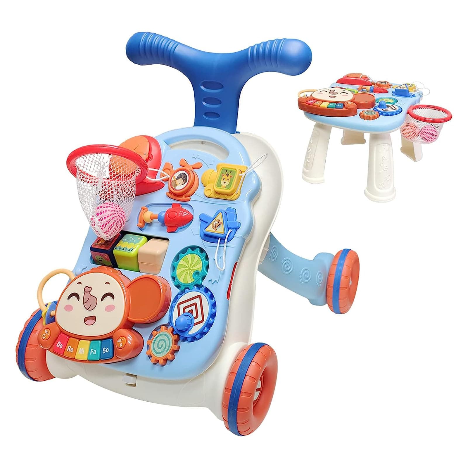 U-HOOME Baby Walker Kids Push Walker Toys Musical Learning Baby Bouncer With Wheels Boys Girl, 2 In 1 Baby Walker, Fun Table Activity Center, Musical Lights Infant Toy Birthday (Blue)