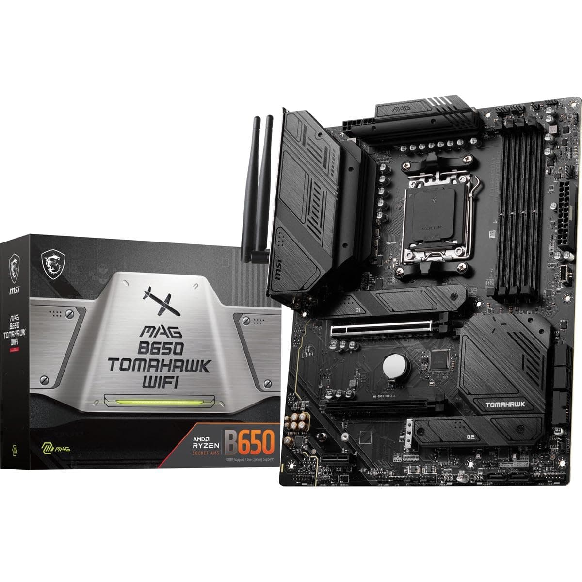 MAG B650 Tomahawk WiFi Gaming Motherboard (AMD Ryzen 9000/8000/7000 Series Processors, AM5, DDR5, PCIe 4.0, M.2, SATA 6Gb/s, USB 3.2 Gen 2, HDMI/DP, Wi-Fi 6E, Bluetooth 5.3, 2.5Gbps LAN, ATX)