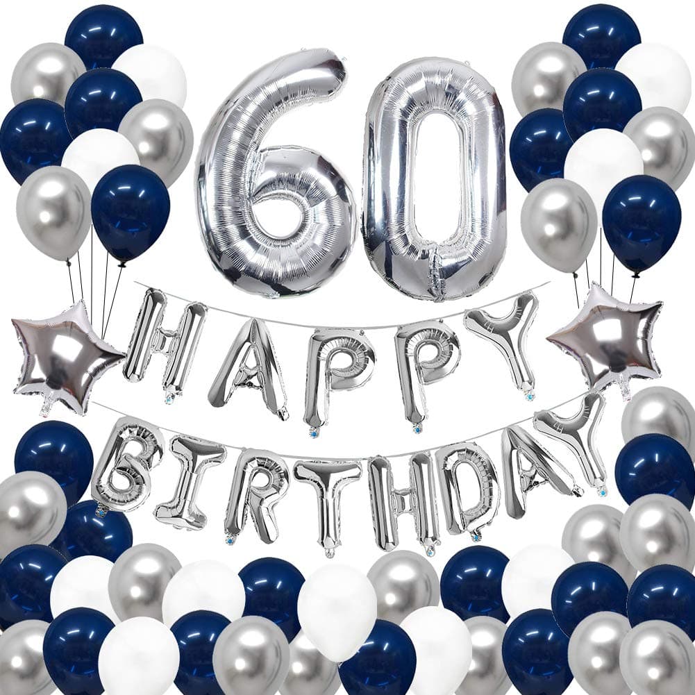60th Birthday Decorations, Puchod Happy Birthday Banner Kit Number 60 Foil Ballon Party Decorations Set Blue & Sliver for Men