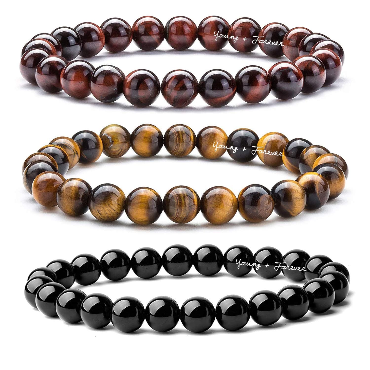 Natural Stone Beaded Bracelets Set, Tiger's Eye, Red Tiger Eye and Onyx, 3-Piece Collection for Men Women Girls Boys
