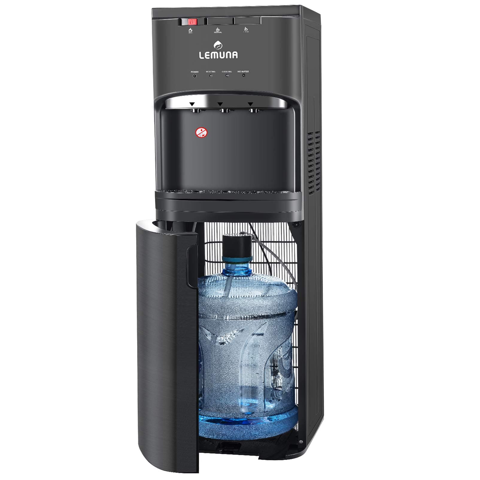LeMuna Water Dispenser- Bottom Loading Water Cooler for 3 or 5 Gallon Bottle with Hot Cold and Normal Temperature Settings, Energy Star/ETL Approved, Child Safety Lock and Removable Drip Tray, Stainless Steel & Black