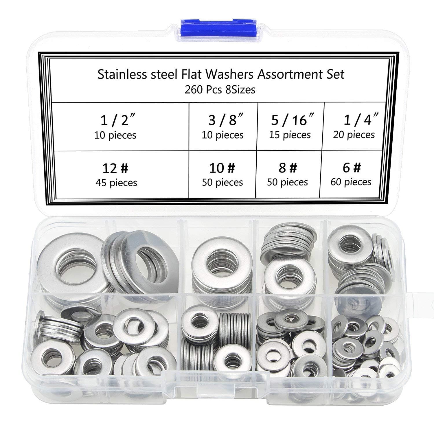 Pingranso 260Pcs 7 Sizes Stainless Steel Flat Washers, 1/2 3/8 5/16 1/4 12# 10# 8# 6# Hardware Gasket Assortment Kit