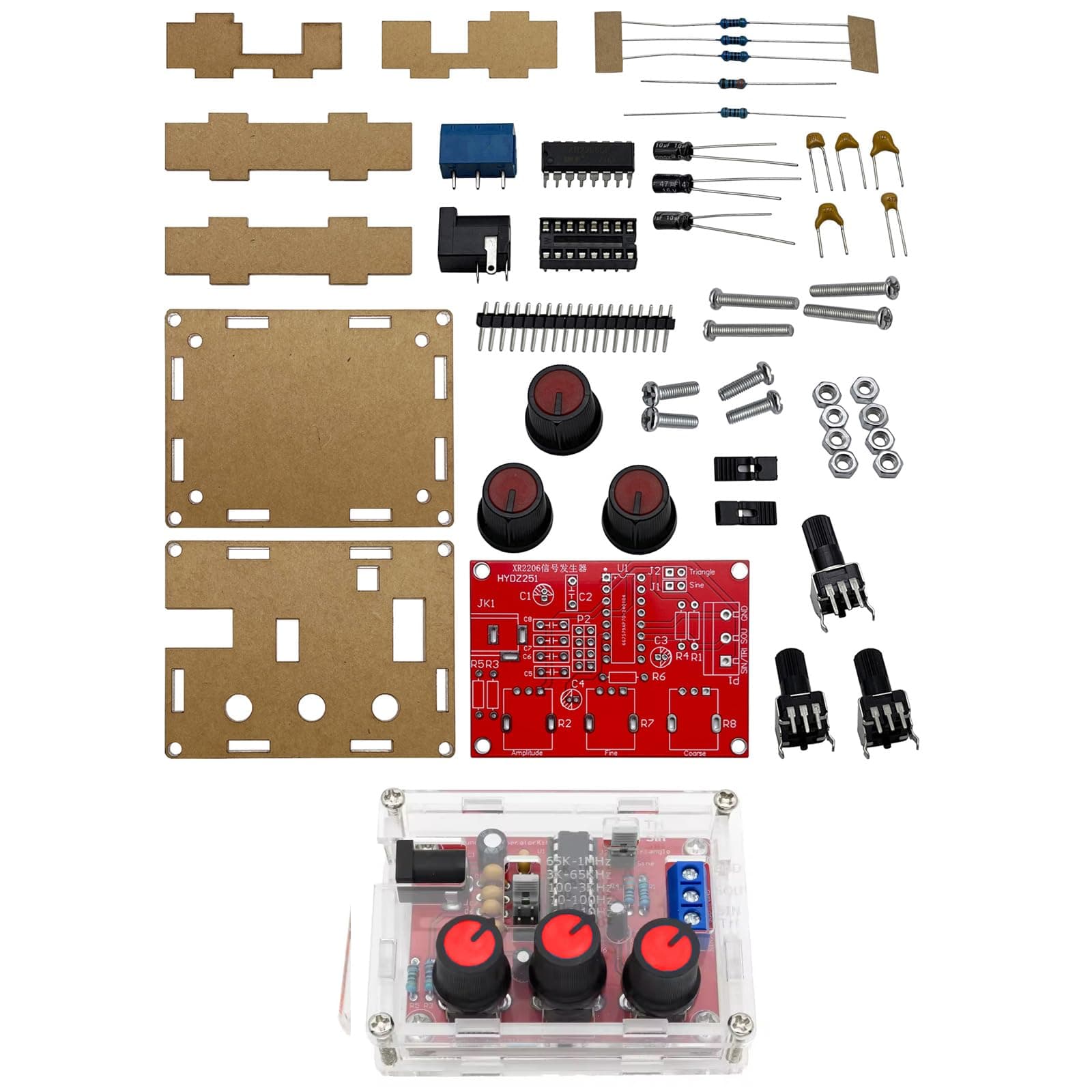 XR2206 High Precision Function Signal Generator DIY Kit Sine/Triangle/Square Output 1Hz-1MHz Adjustable Frequency Amplitude + Transparent Case Box