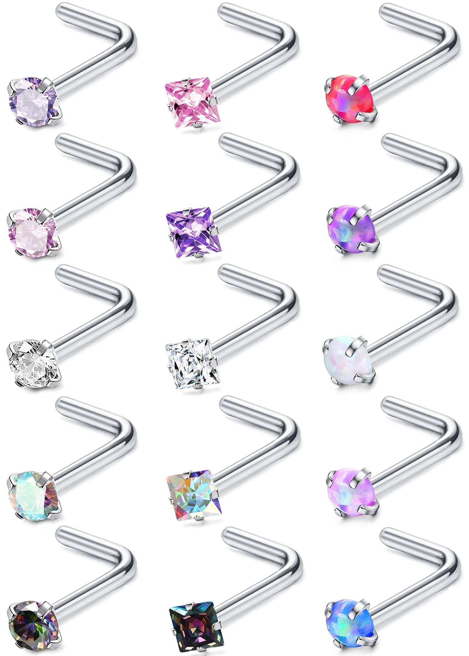 Hypoallergenic Nose Rings for Women Men - 15Pcs 316L Surgical Stainless Steel Nose Rings Studs L Shaped/Corkscrew/Straight Studs Rings Cubic Zirconia Labret Lip Nose Nostril Piercing Jewelry 18G 20G