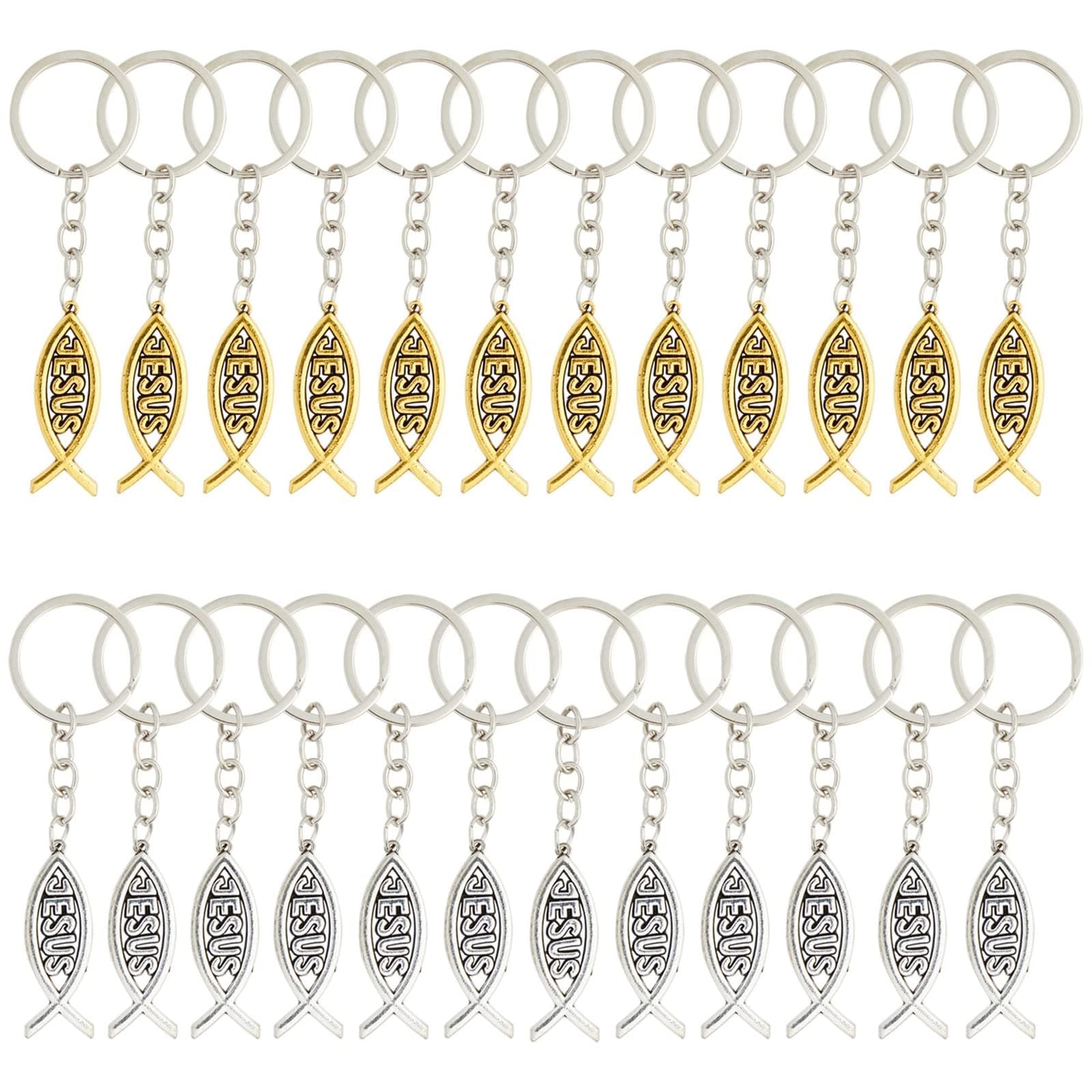 Juvale Jesus Fish Keychains - Bulk Religious Party Favors - Durable Metal Keychains - Bulk Christian Gifts - Pack of 24, Gold & Silver, Zinc Alloy, 1 in Dia x 3 in L