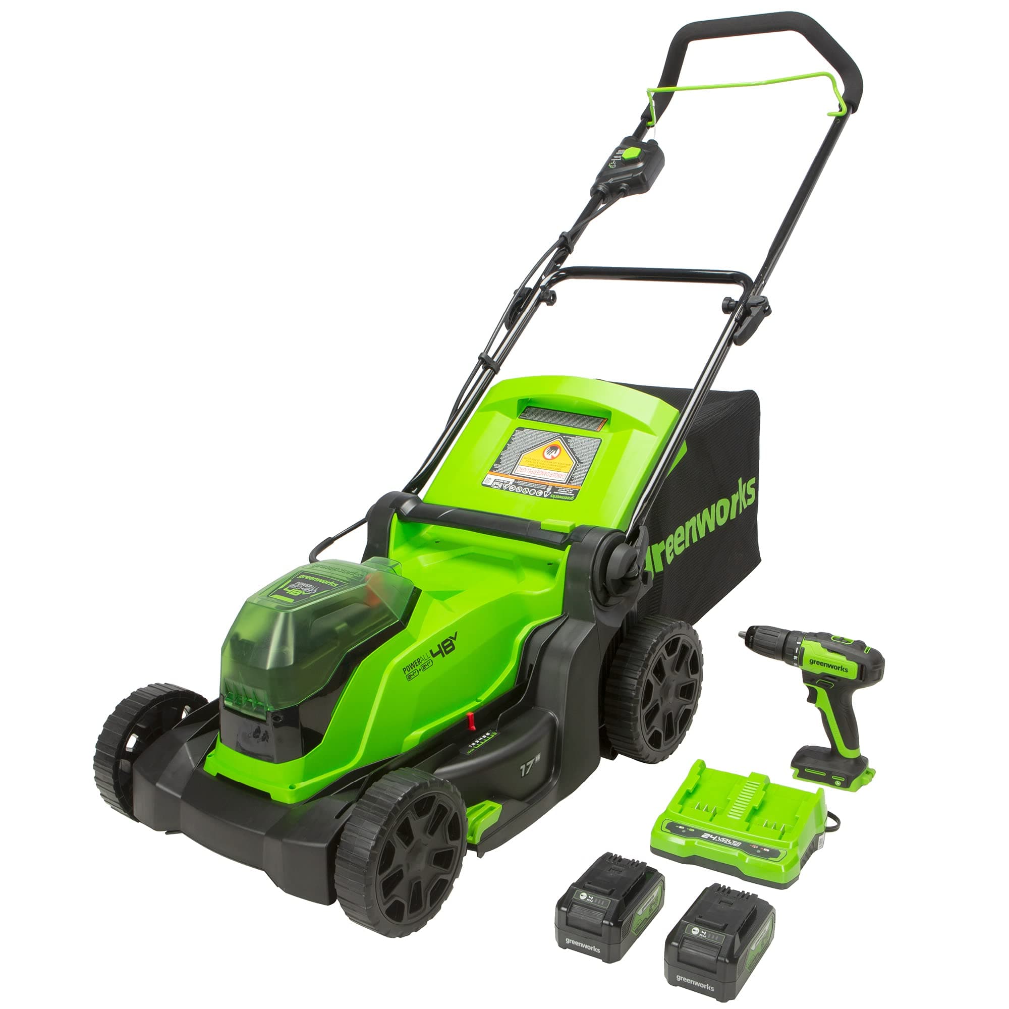 48V (2 x 24V) 17" Brushless Cordless Lawn Mower + 24V Drill / Driver, (2) 4.0Ah USB Batteries (USB Hub) and Dual Port Rapid Charger Included