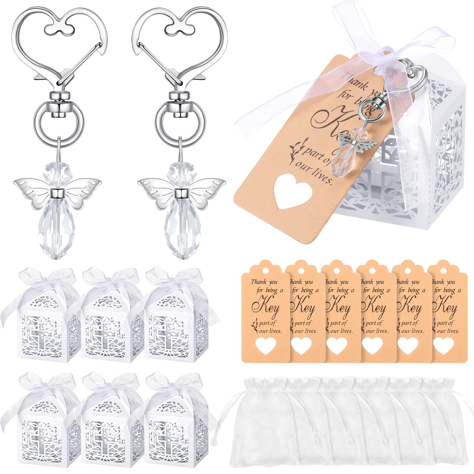 Fumete 100 Pcs Baptism Favors Set First Communion Favors Angel Keychains Baptism Boxes White Organza Bags with Tags for Bautizo Recuerdos Christening Memorial Gifts Wedding Baby Shower Party Supplies
