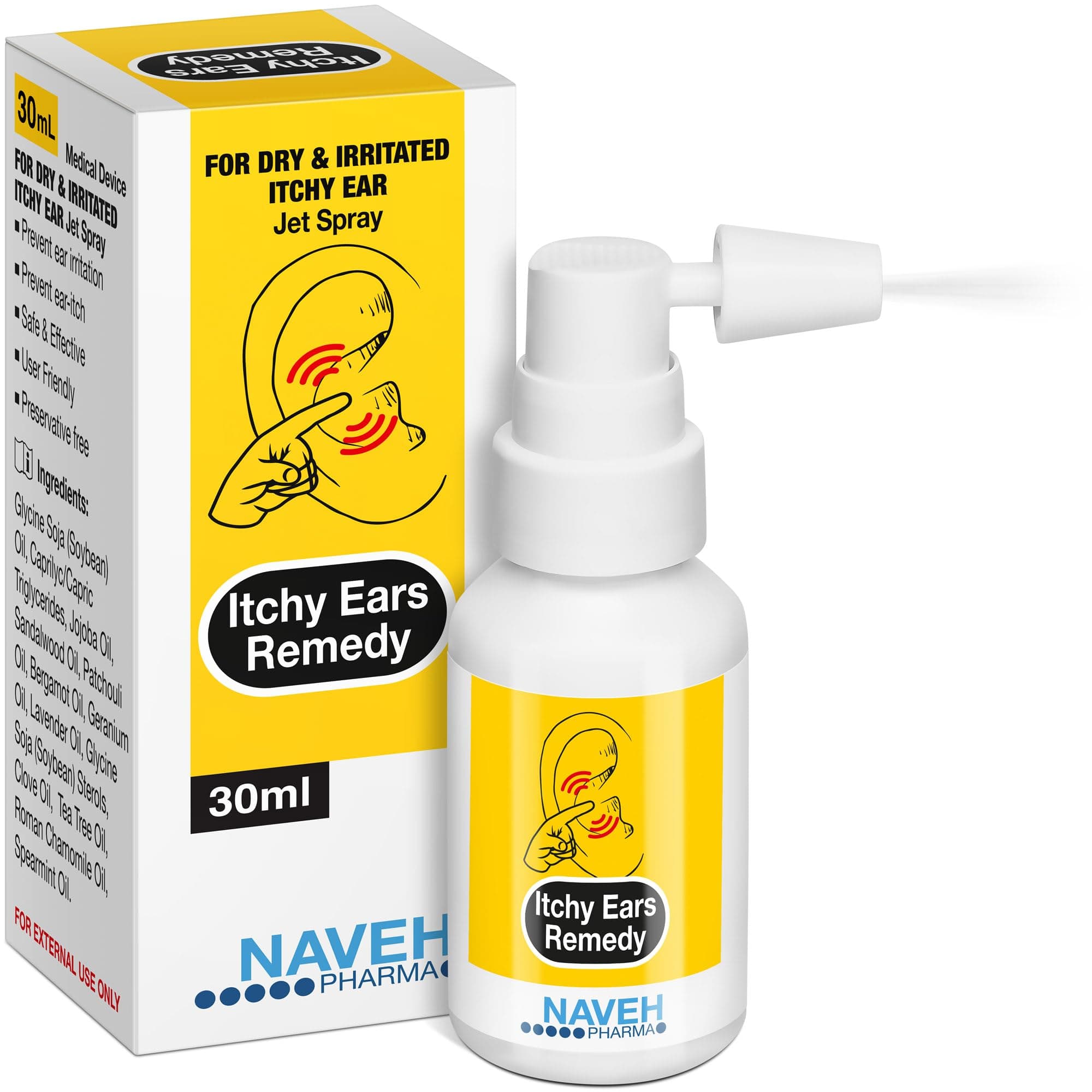 NAVEH PHARMA Itchy Ears Remedy: Ear Cleaning and Itch Relief | Treats All Causes of Ear Itchiness | Jet Ear Spray for Eczema Treatment and Clogged Ear Relief | Ear Wax Remover & Ear Wash (30 ML)