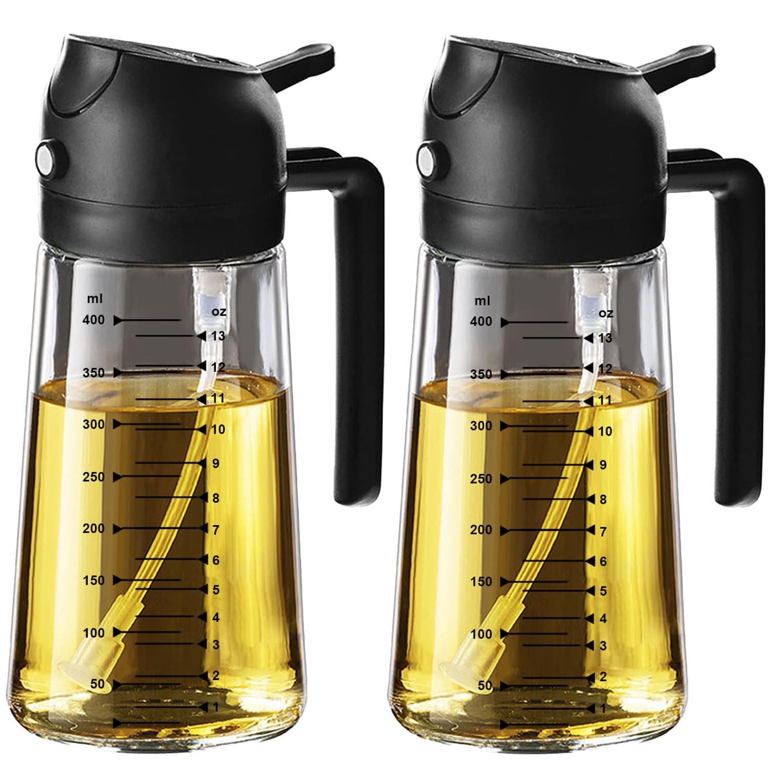 TrendPlain 16oz/470ml Glass Olive Oil Sprayer for Cooking – 2 in 1 Olive Oil Dispenser Bottle for Kitchen Gadgets and Air Fryer Accessories, Salad, BBQ - 2 Black