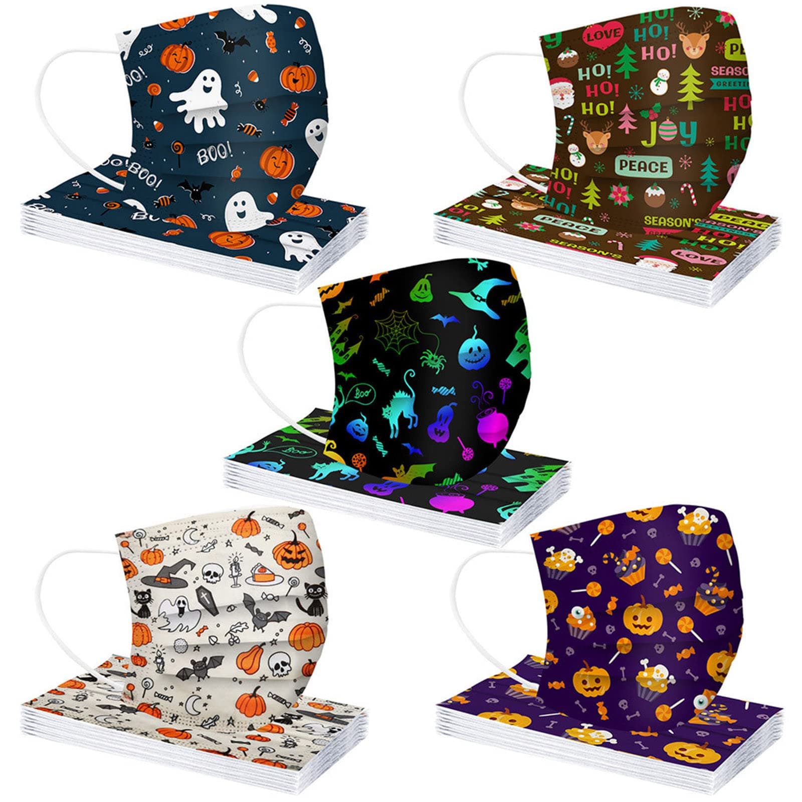 50 Pack Disposable Halloween Masks Halloween Witch Balaclava Designer Mouth Dustproof Holiday Halloween Pumpkin Face Mask 3-Ply Breathable Facemask with Nose Wire for Women Men for Party Gift