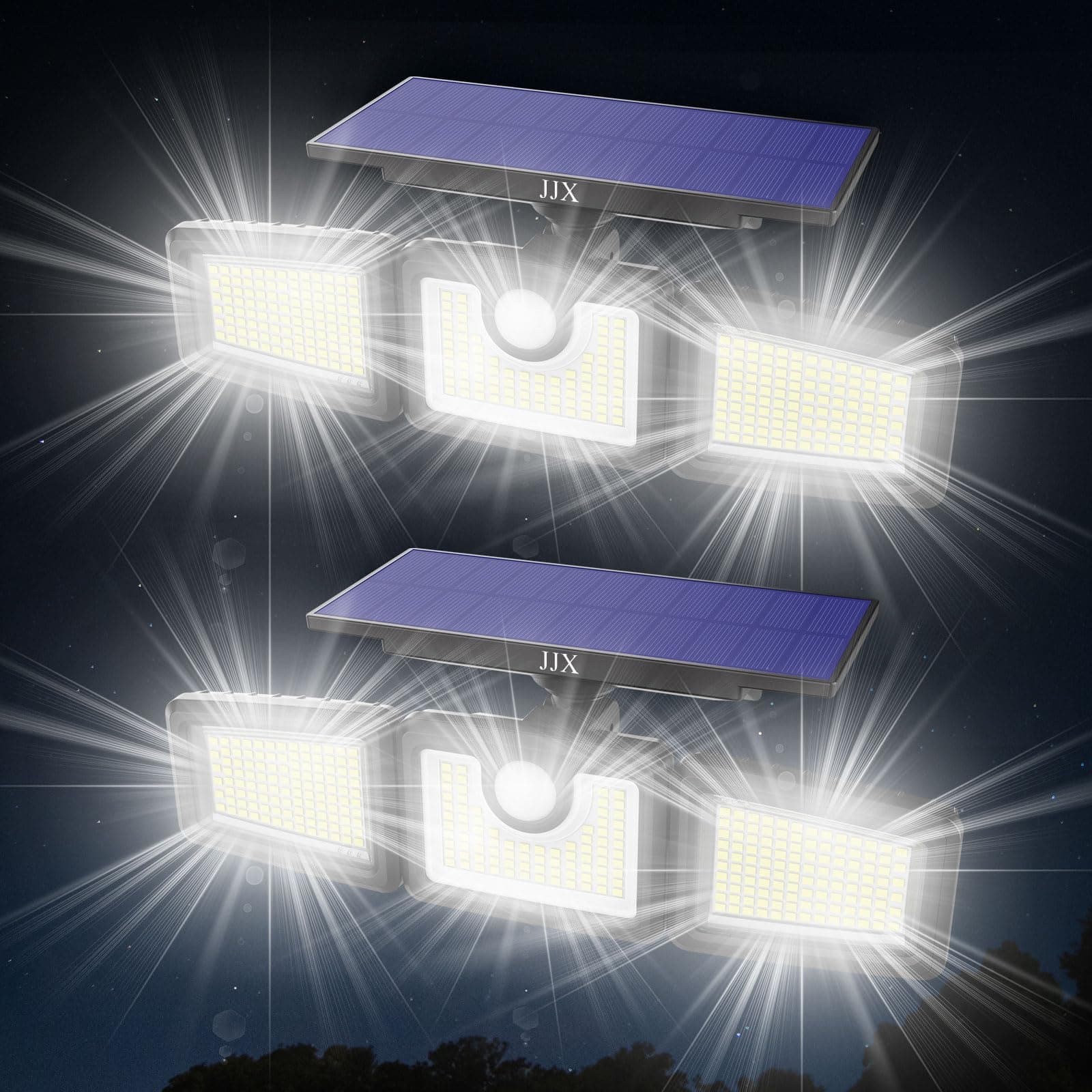JJX 2 Pack Solar Lights Outdoor 3000LM 312 LED Motion Sensor Outdoor Lights, IP65 Waterproof LED Solar Security Light, 3 Adjustable Heads Wide Lighting Angle
