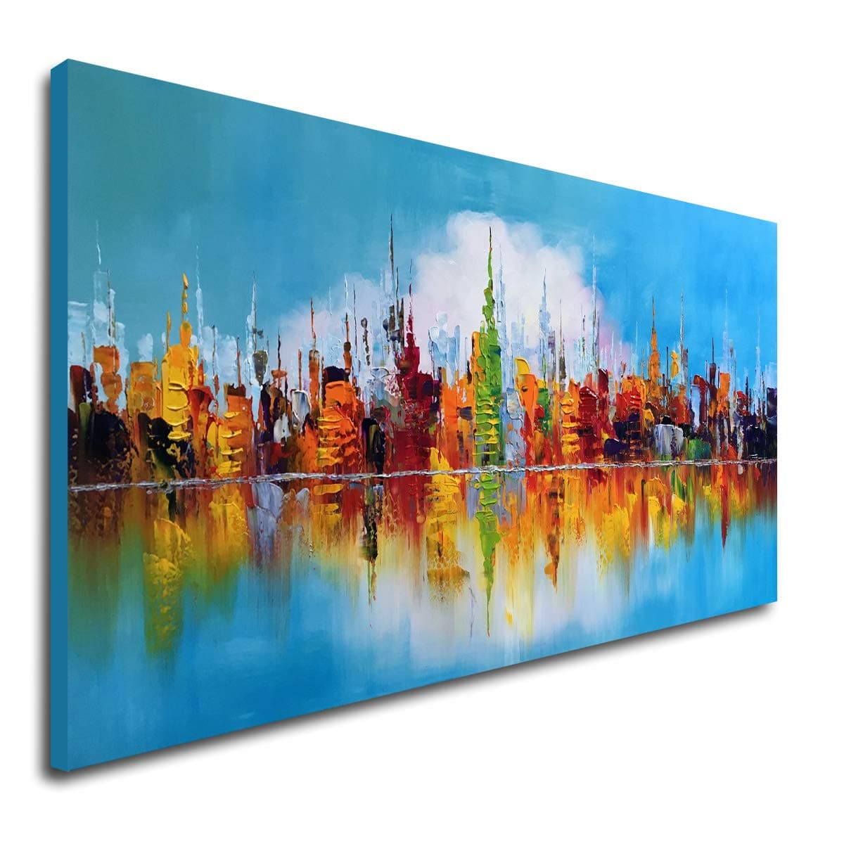 Hand Painted Textured Cityscape Oil Painting on Canvas Abstract Wall Art Colorful City Reflections in Blue Sky Modern Canvas Artwork