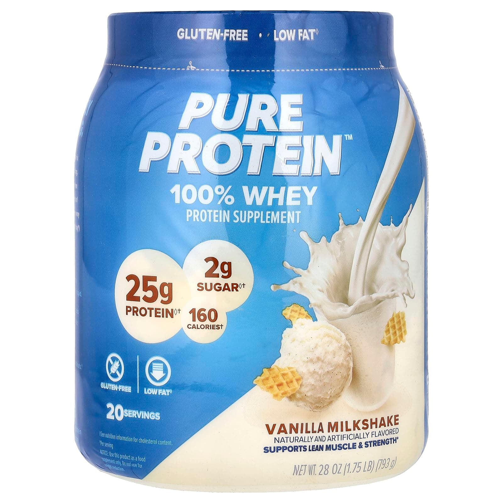 Whey Protein Powder by Pure Protein, Gluten Free, Vanilla Cream, 1.75lbs