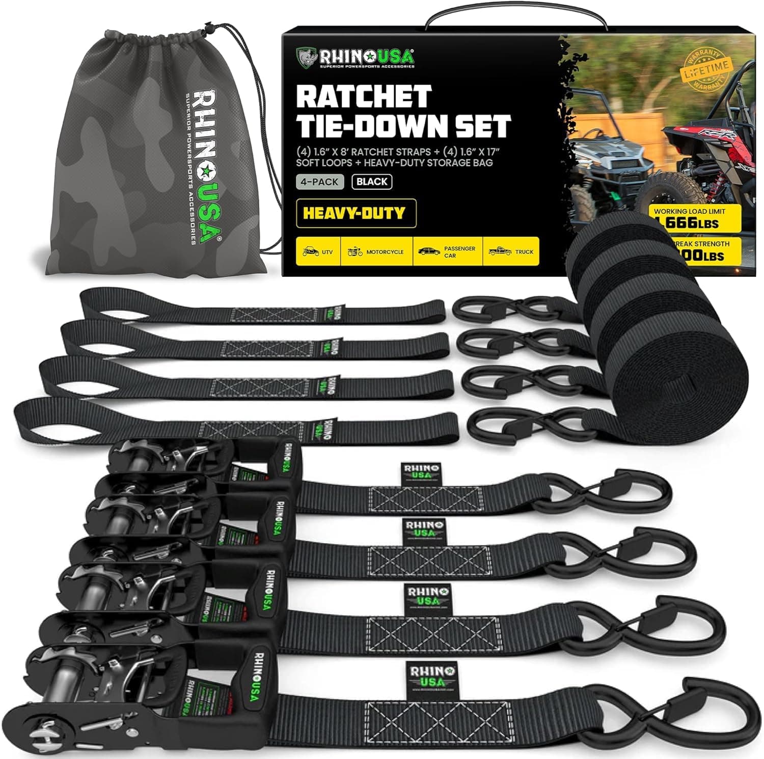 RHINO USA Ratchet Straps Heavy Duty Tie Down Set, 5,208 Break Strength - (4) Heavy Duty 1.6" x 8' Cargo Tiedowns with Padded Handles & Coated Chromoly S Hooks + (4) Soft Loop Tie Downs Strap (BLACK)