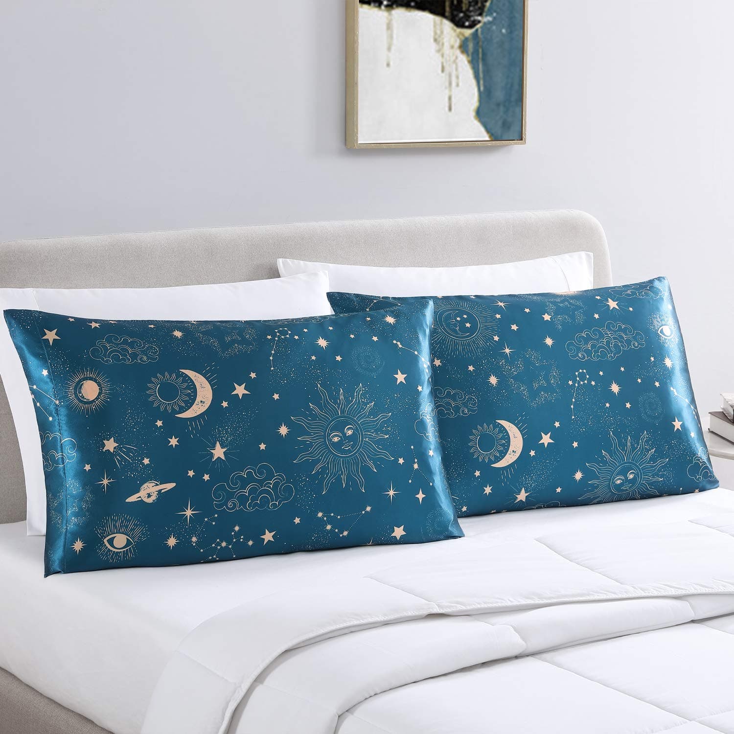 EXQ Home Satin Pillowcase for Hair and Skin, Soft Cooling Printed Pillow Cases King Size Set of 2 Satin Pillow Case with Envelope Closure(Sun,20x40 inches