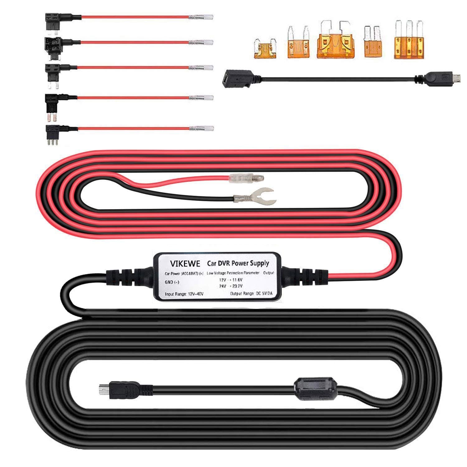 VIKEWE Dash Cam Hardwire Kit with Mini and Micro USB Port, 4m Car Charger Cable 12V-24V to 5V, Battery Drain Protection, 5 Fuse Kit with ACU/ACN/ACZ/Micro2/Micro3 for Dash Cam, GPS Navigator