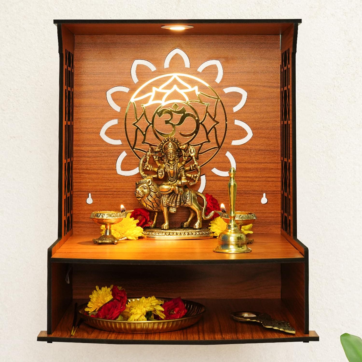 Ekhasa Wooden Pooja Mandir for Home Wall Mounted | God Temple | Puja Stand | Unit With LED Spotlight | Temple for Office