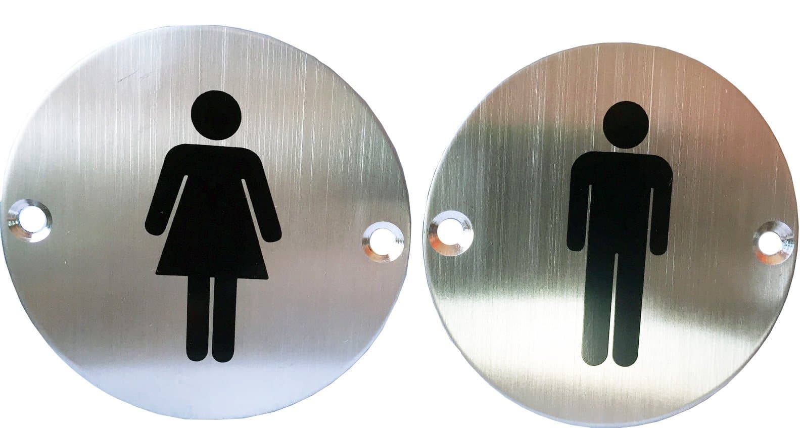 Classy Unique Business Restaurant Men Women Restroom Toilet Signs Set, Stainless Steel, 3" Diameter