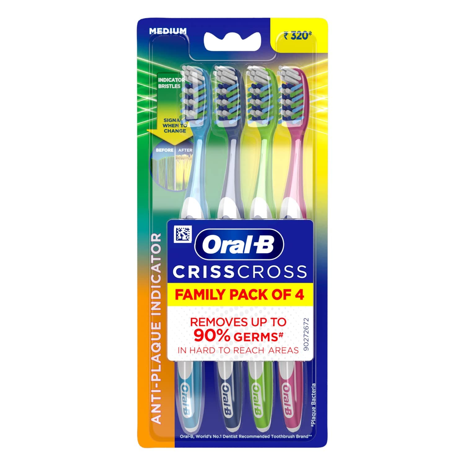 Criss Cross - Family Pack Of 4 Toothbrushes Medium,For Adults,Manual,Multicolor
