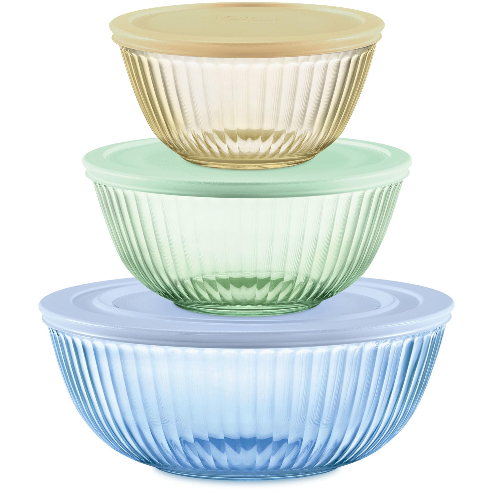 Year of Color Sculpted (3-Pack| 1.3 QT, 2.3 QT, 4.5 QT) Tinted Glass Mixing Bowls Set with Lids for Prepping, Baking and Cooking, Preheated Oven, Dishwasher, Freezer, and Microwave Safe