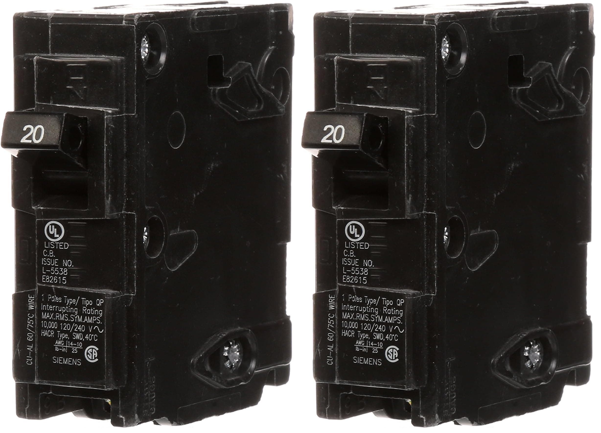 SIEMENS Q120 20-Amp Single Pole Type QP Circuit Breaker,Black (Pack of 2)