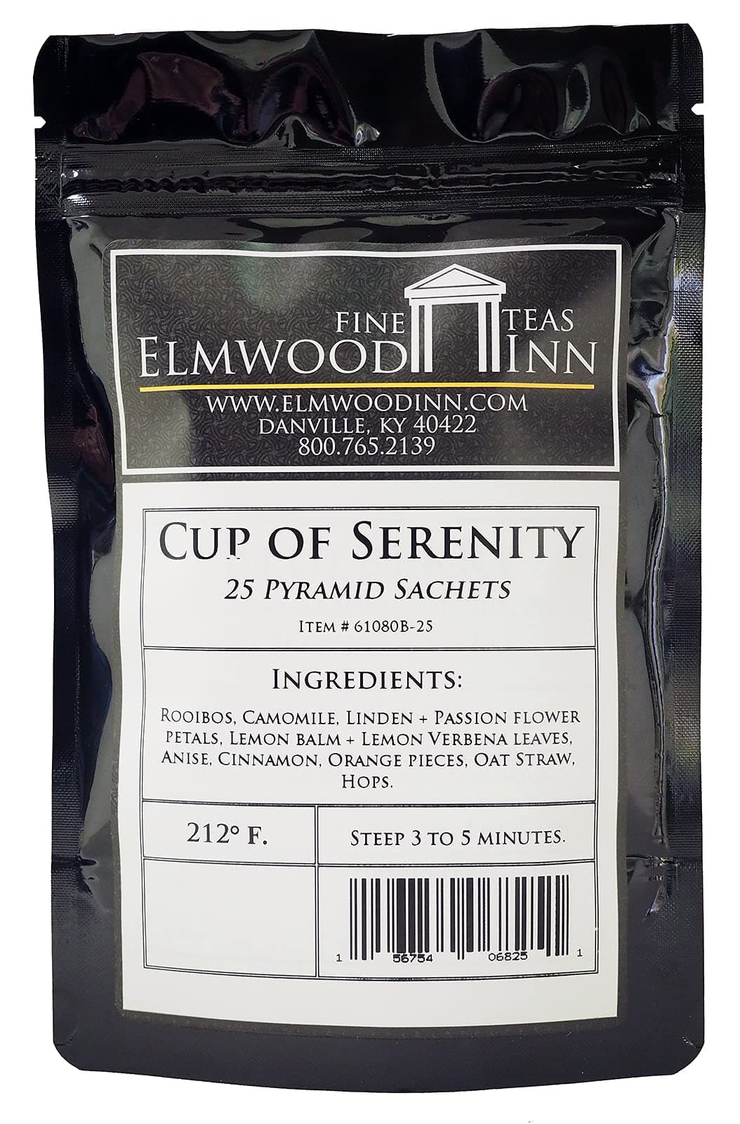 Elmwood InnFine Teas, Cup of Serenity Caffeine-Free Herbal Tea, 25 Pyramid Sachet Tea Bags