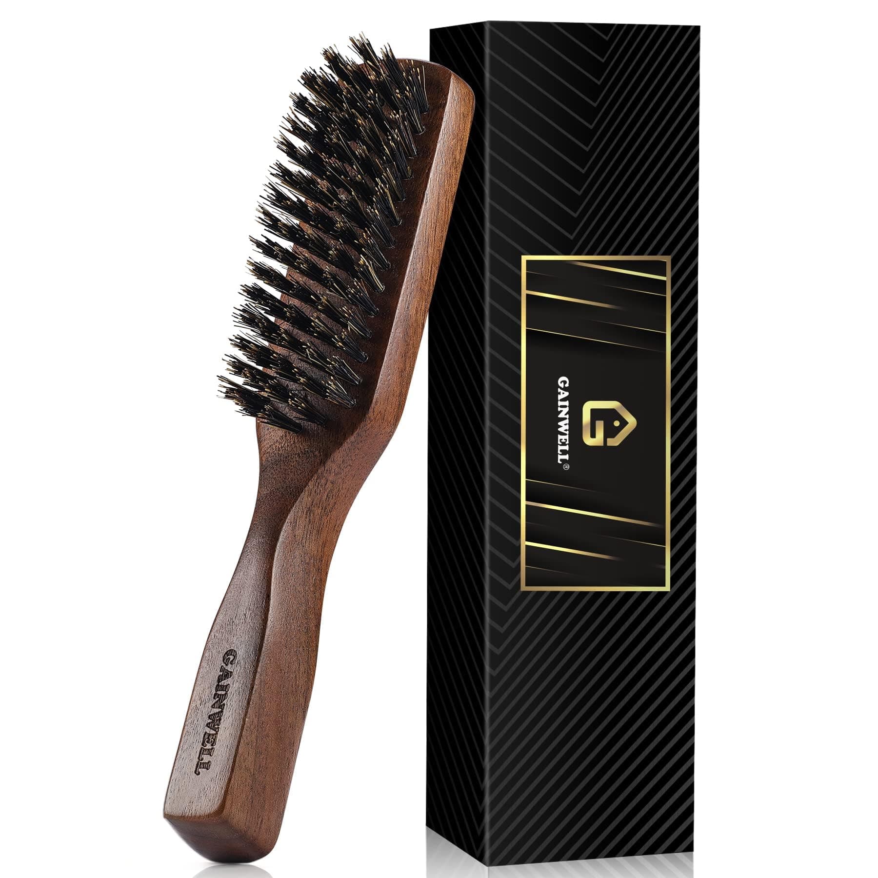 Mens Wild Boar Bristle Hair Brush for Men, Slick Back Hair Brush with Stiff Bristles for Thick Hair, Beard Brush Natural Black Walnut Wooden Handle Hairbrush