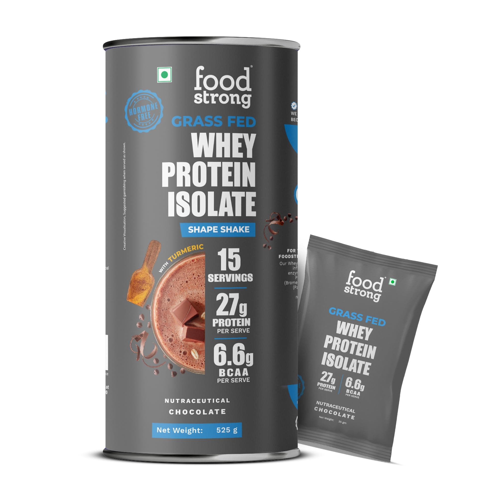 Foodstrong Whey Protein Islolate, 100% Hormone free Grass-fed Whey, 27g Protein & 6.6g BCAA, Shape Shake Chocolate Flavour, With Turmeric & Digestive Enzymes, No Added Sugar, 16 sachets, 525g