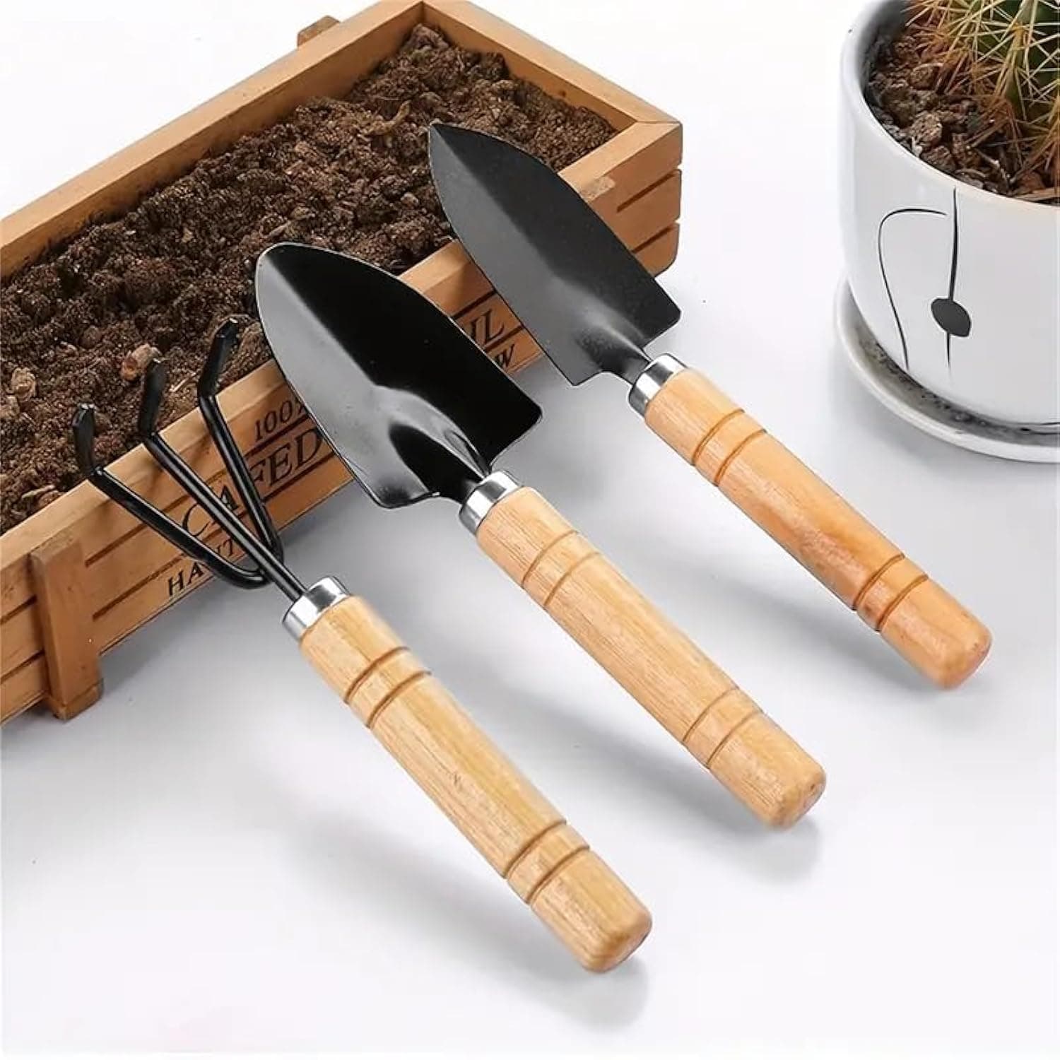 LUKADAH Garden Tool Set | Gardening Hand Cultivator, Small Trowel, Garden Fork with Wooden Handles, Garden Tool Set Miniature Fairy Planting Transplanters Hand Kit, green (Style 1)