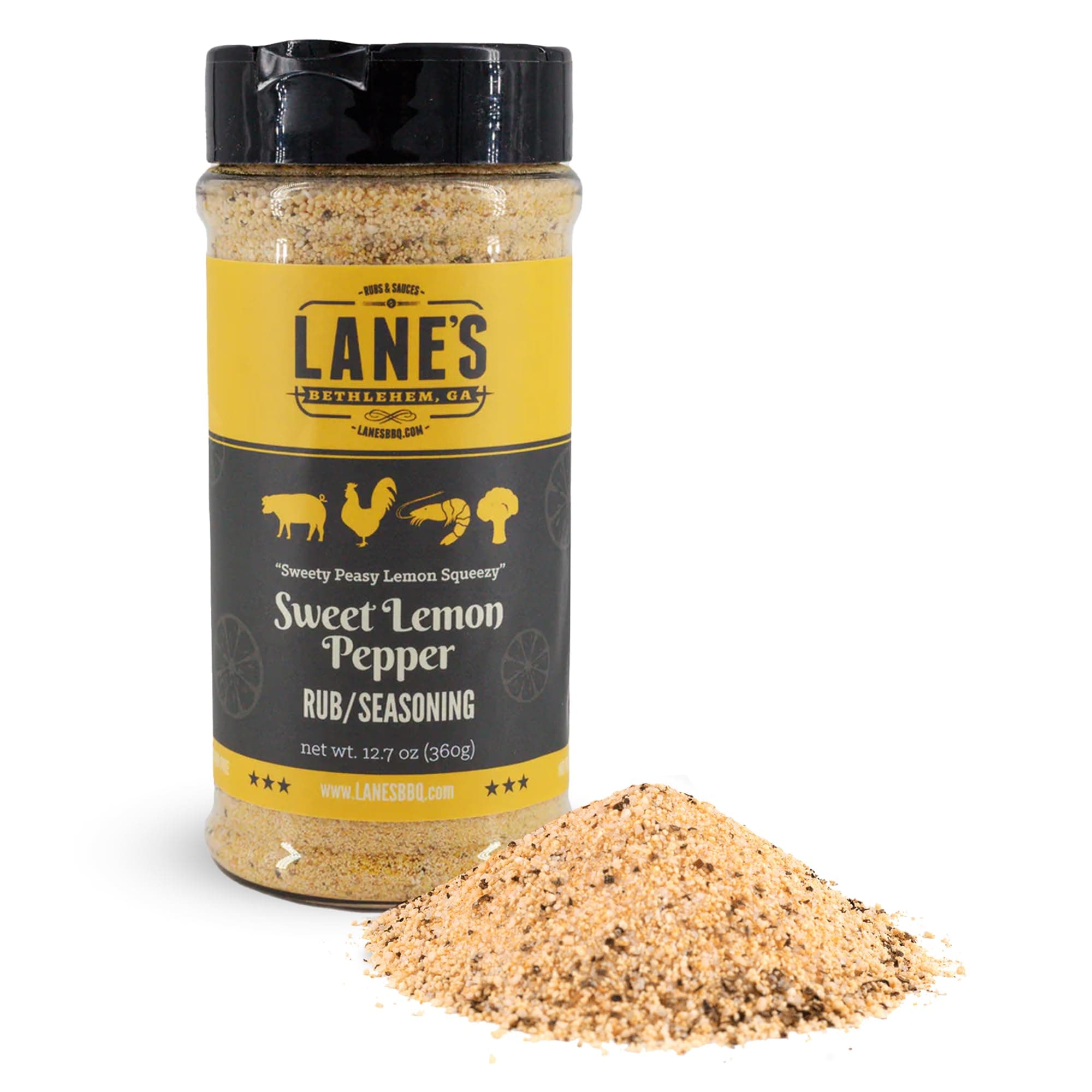 - Lane's Sweet Lemon Pepper Seasoning, All-Natural Lemon Seasoning Blend with Citrus, Lemon Pepper Powder, and Honey, Made in USA, 12.7 Oz