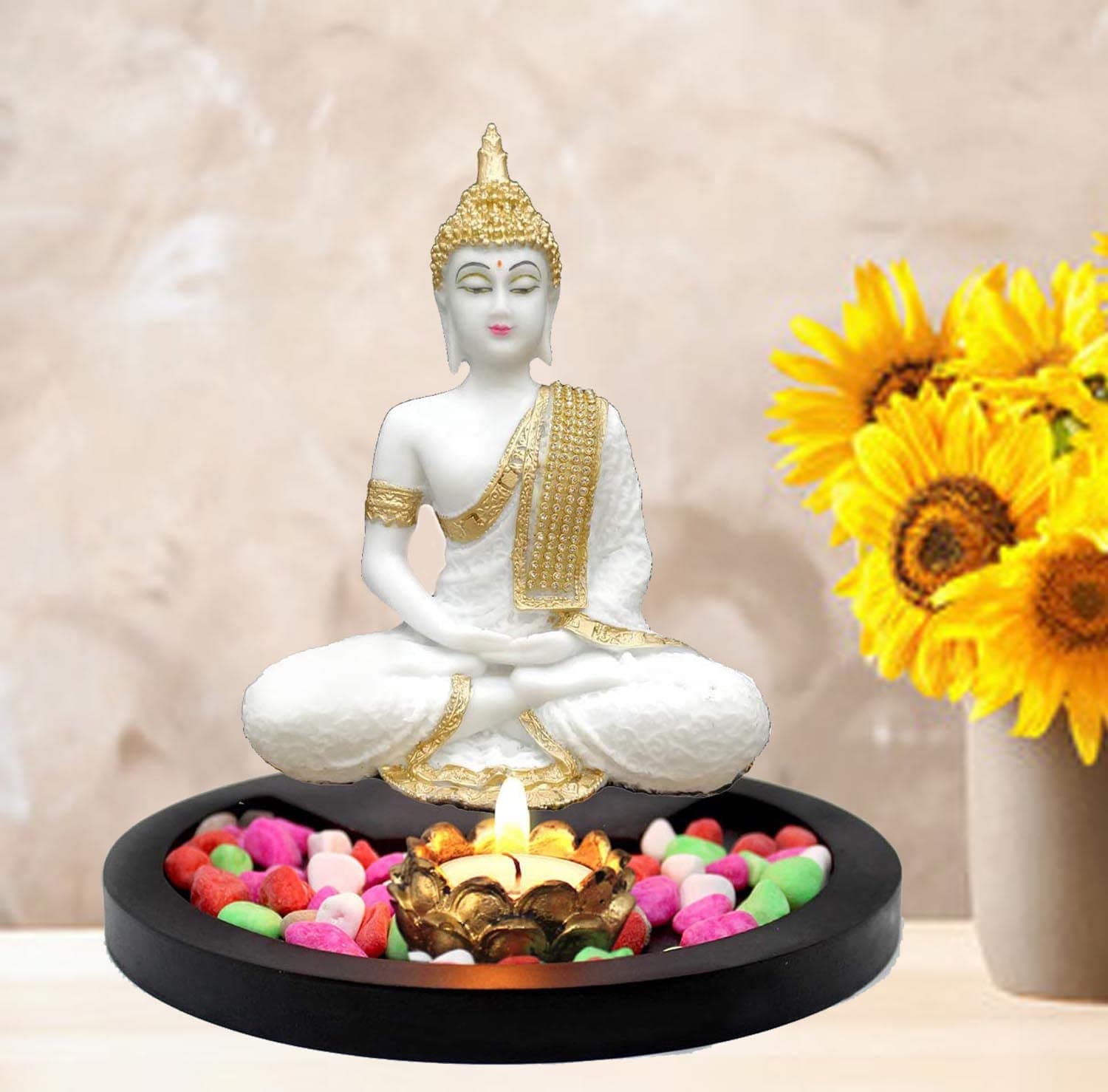 SN Handicrafts Sitting Buddha Idol Resin Statue Showpiece-with Wooden Tray Natural Stone Tealight Candle Holder for Living Room Home Decor and Gifts (marbal White) 1 Set