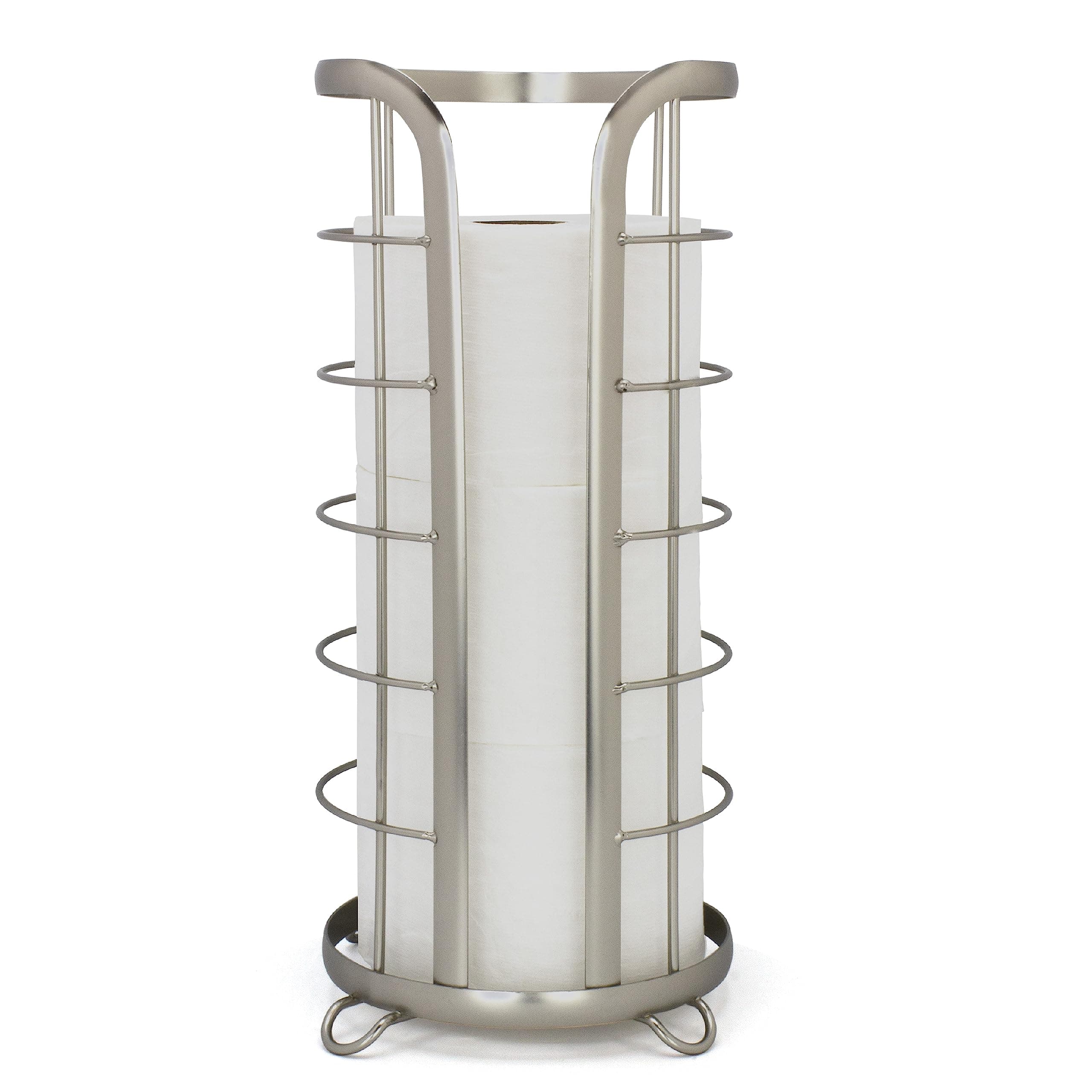BROOKSTONE Toilet Paper Holder Stand Reserve - Free Standing Toilet Paper Stand with Storage that Holds Mega Rolls, Standing Bathroom Tissue Organizer, Bathroom Decor - Modern Storage Holder, Nickel