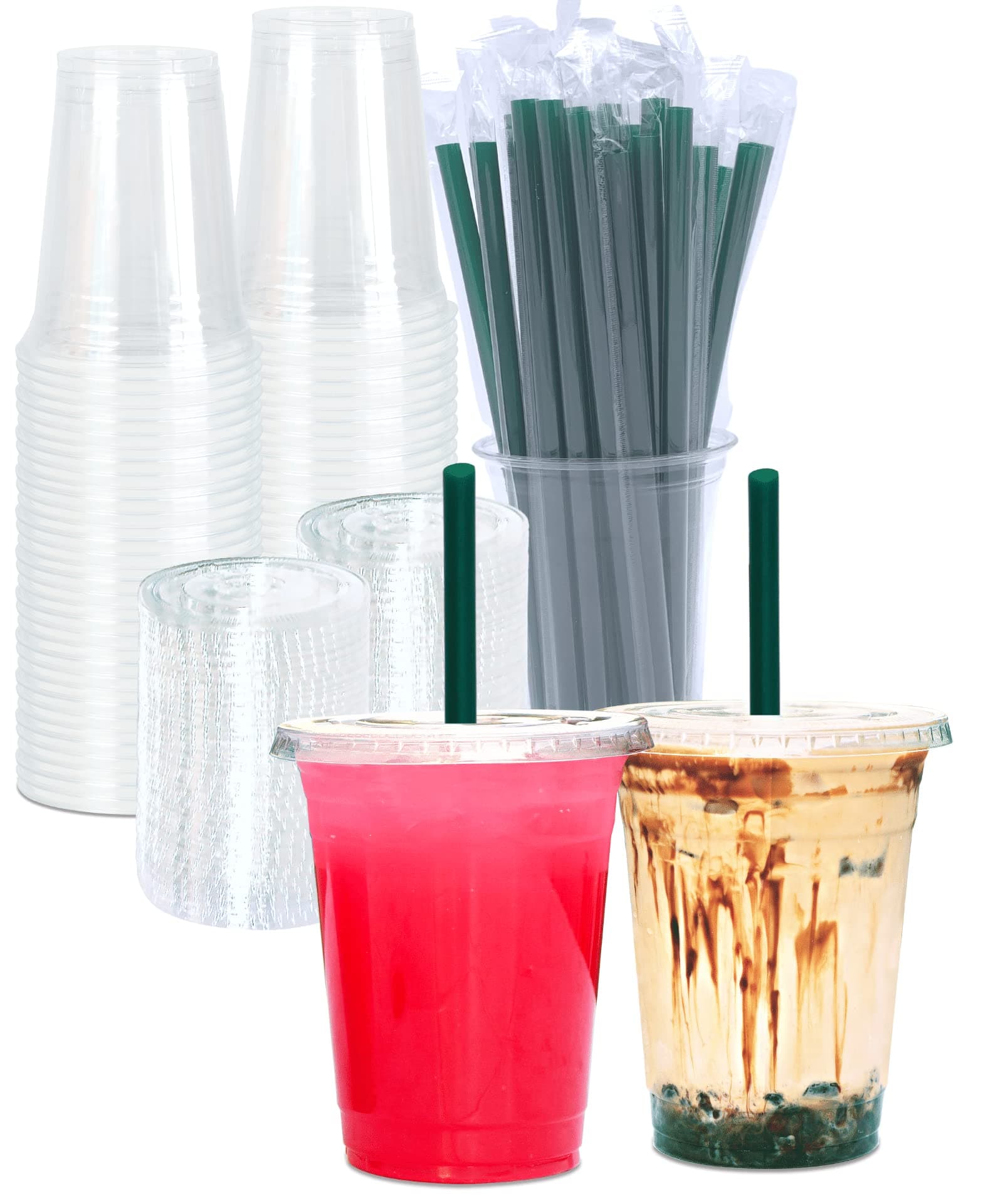 - 16 oz Clear Plastic Cups with Lids and STRAWS, Disposable Drinking Cups for Cold Drinks, Iced Coffee, Milkshakes, Smoothies, 25 Sets
