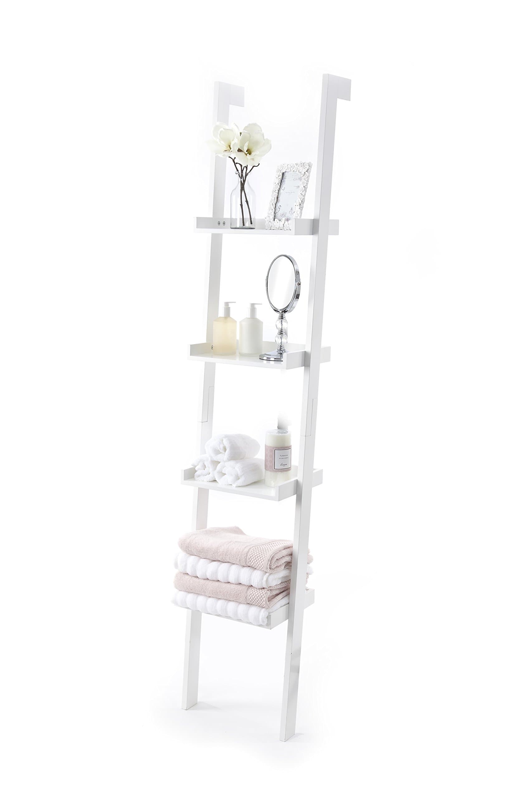 Ladder Leaning Bookshelf, Wooden with White Paint Finish, 4 Tiers - Sennen Range