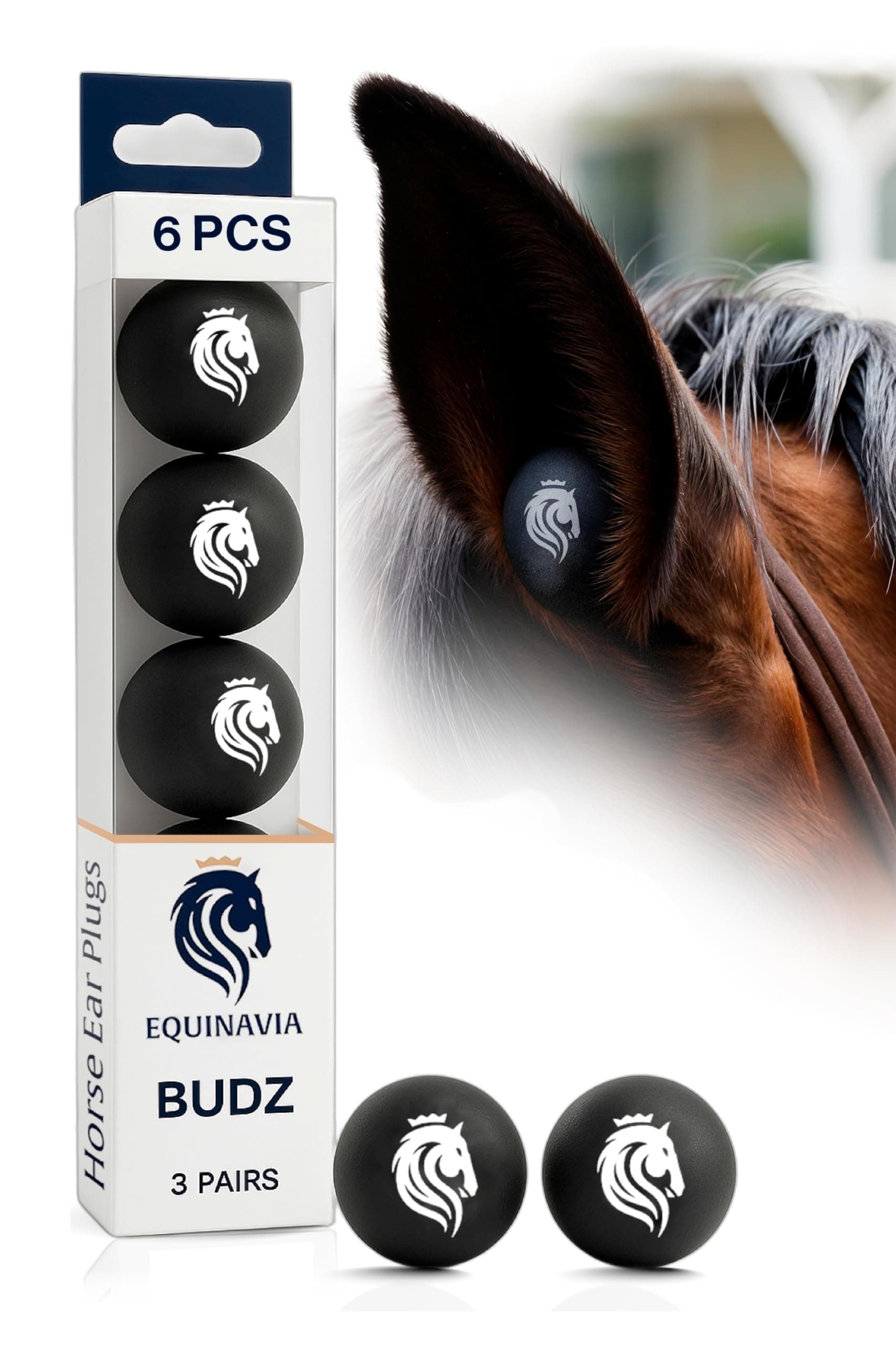 - Equinavia BudZ Horse Ear Plugs (6 Count) | Equestrian Noise Reduction Soft Foam Balls - Black - Horse