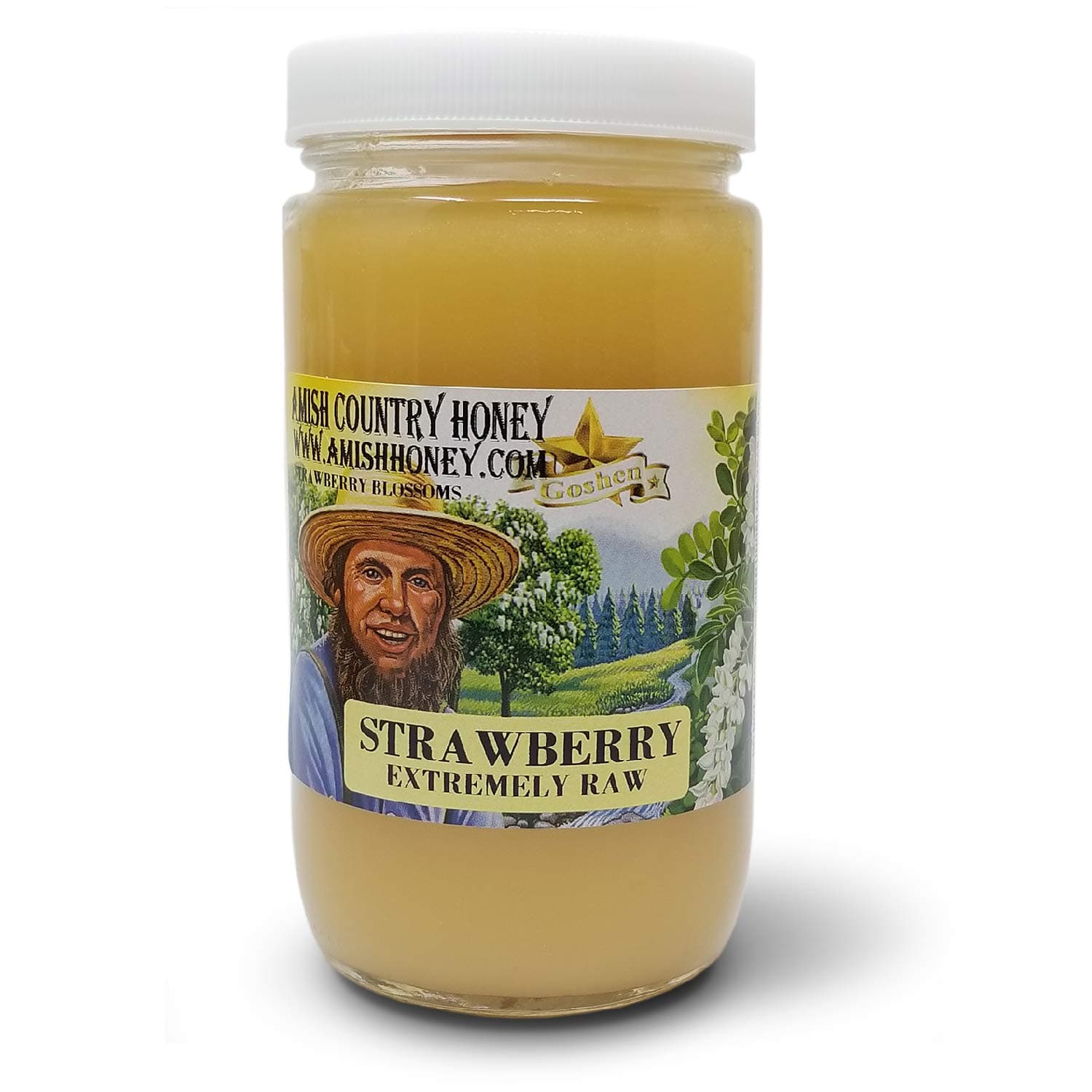 Goshen Amish Country Extremely Raw Strawberry Blossom Honey - Unfiltered, Unprocessed, Pure, Natural - Harvested in the USA - Rich Flavor - Tea, Cooking, Wellbeing - Kosher Certified - 16oz Glass Jar