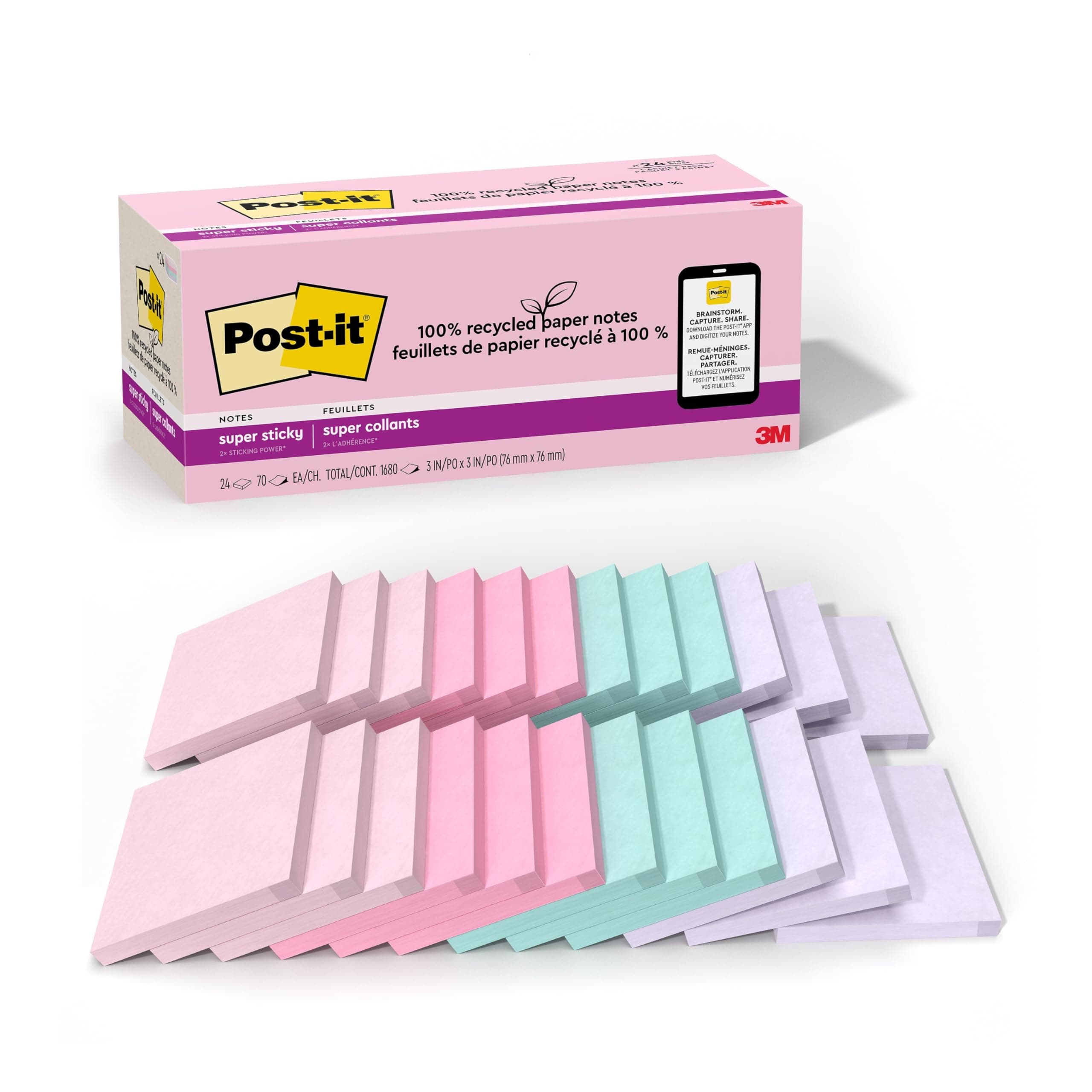 Post-it 100% Recycled Paper Super Sticky Notes, 2X The Sticking Power, 3x3 in, 24 Pads/Pack, 70 Sheets/Pad, Wanderlust Pastels Collection (654R-24SSNRPCP)