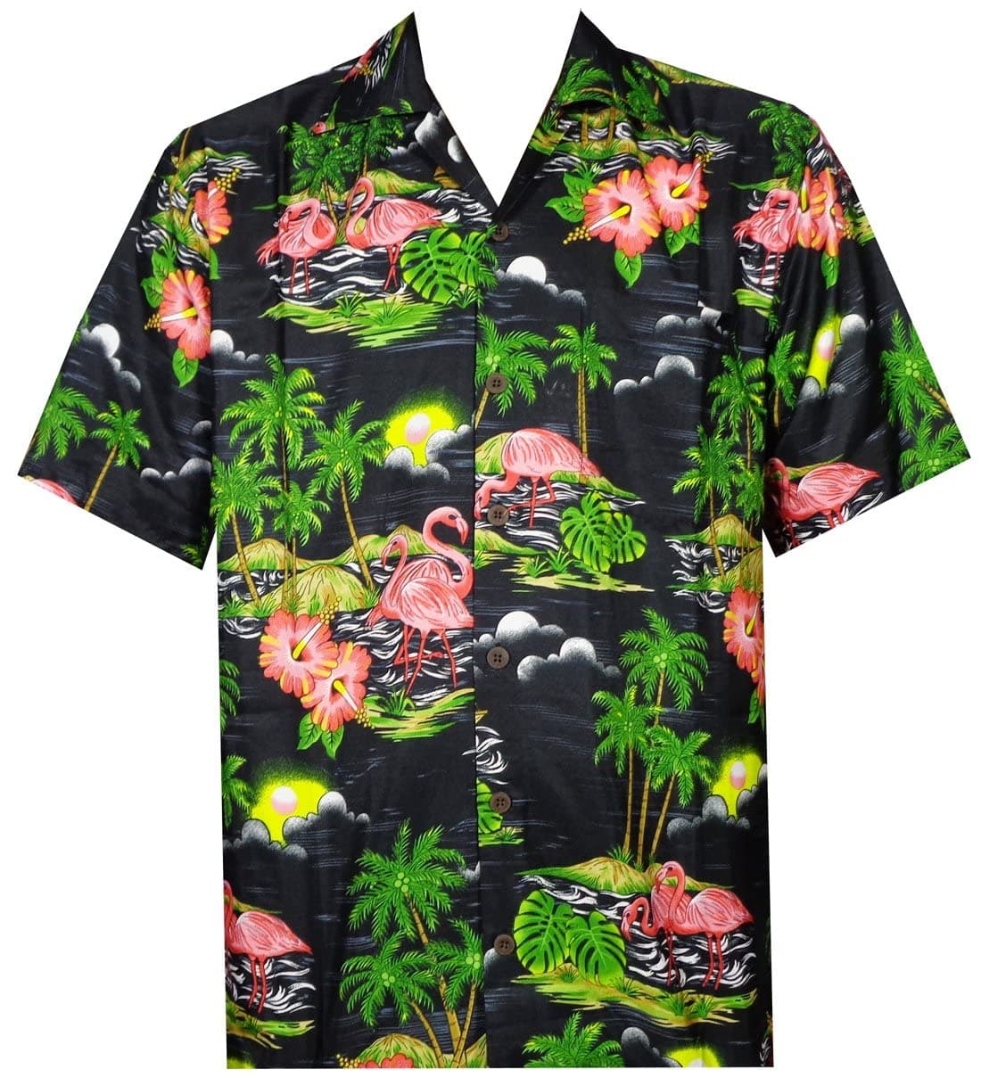 ALVISH Pink Flamingo Hawaiian Shirts for Men 48 Leaf Print Beach Aloha Party Casual Mens Shirt (Color: Pure Black/Size: L)