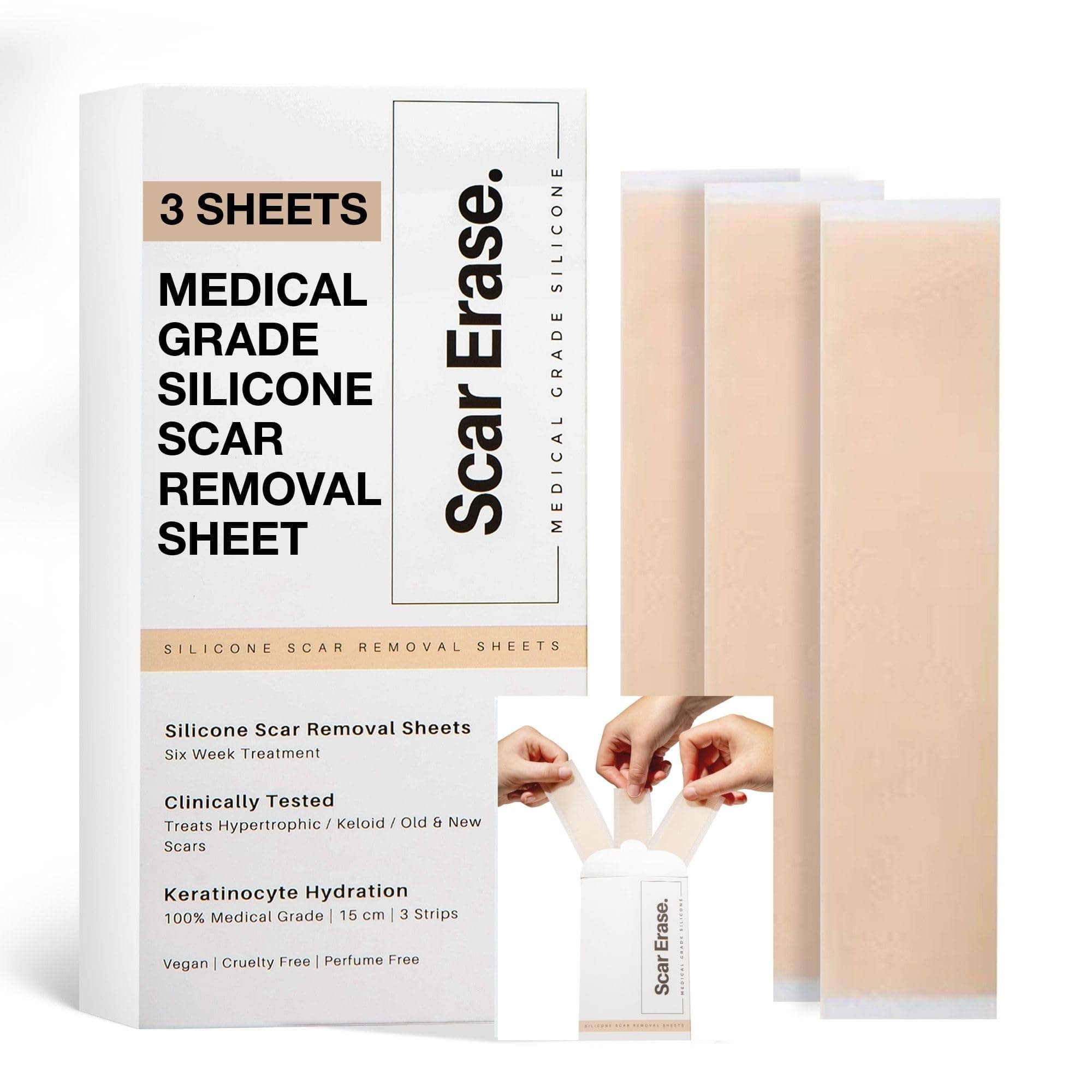 SCAR ERASE Medical Grade Silicone Scar Sheets (3cm x 15cm) - Soften and Flattens Keloid, Hypertrophic, Surgery, Injury & C-Section Scars - Vegan, Cruelty-Free - 6 Week Reusable Treatment (Pack of 3)