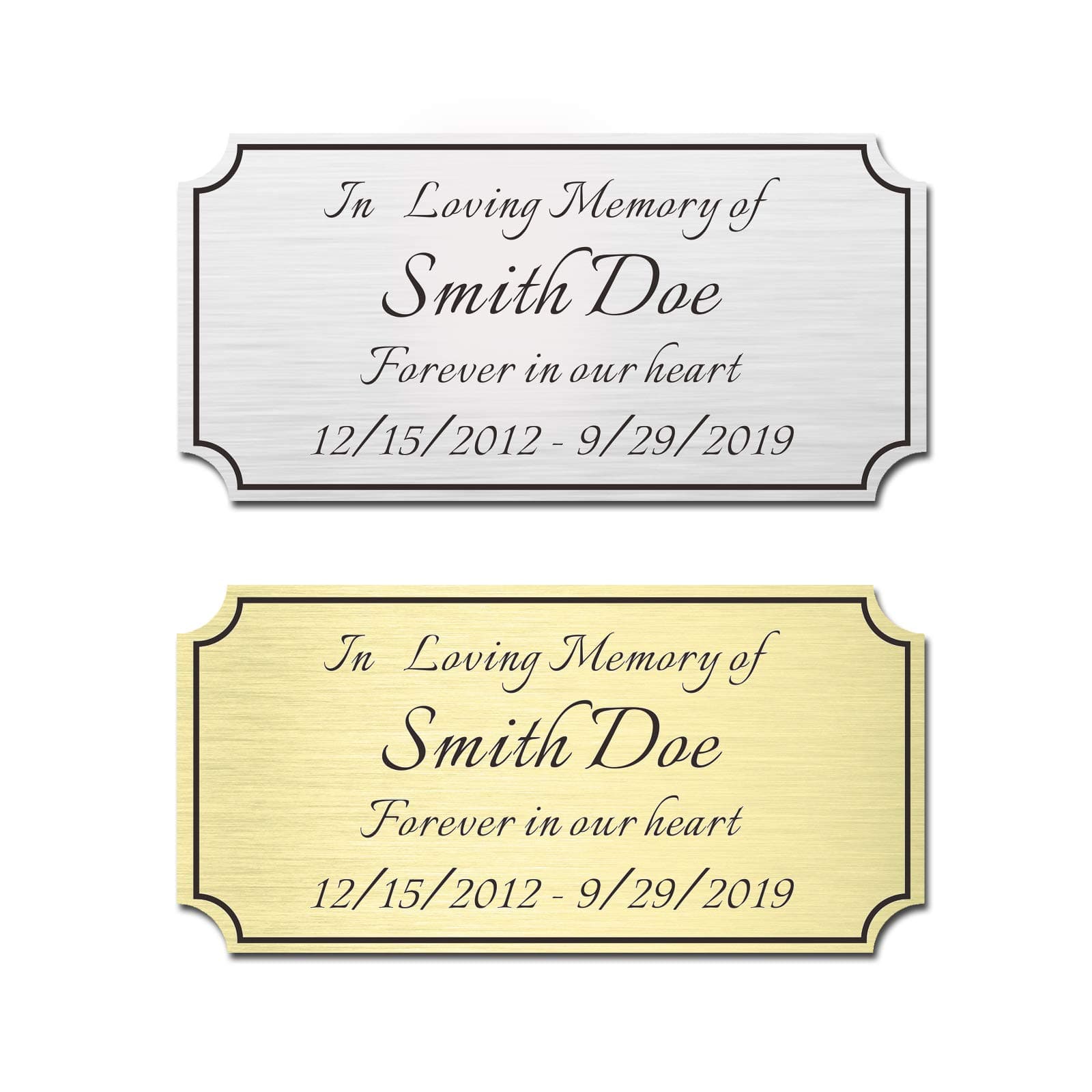 2" H x 4" W, Custom Elegant Engraved Plate, Personalized Memorial Plaque, Brushed Stainless Steel or Brass Laser Engraved Name Plates with Adhesive Backing or Screws, Notched Corner (Silver, Gold)